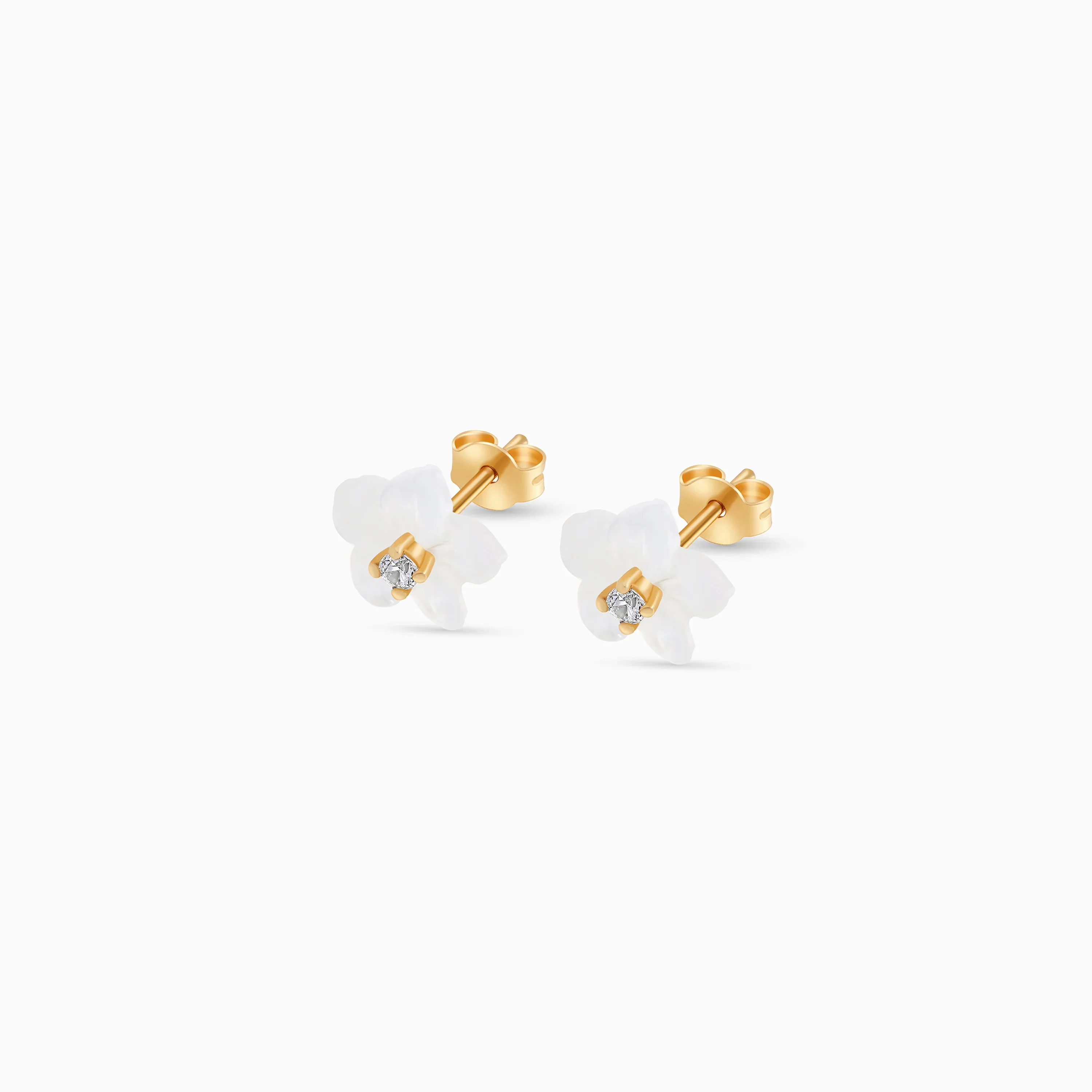 18K Gold Earrings with White Mother of Pearl Flower - Image 3