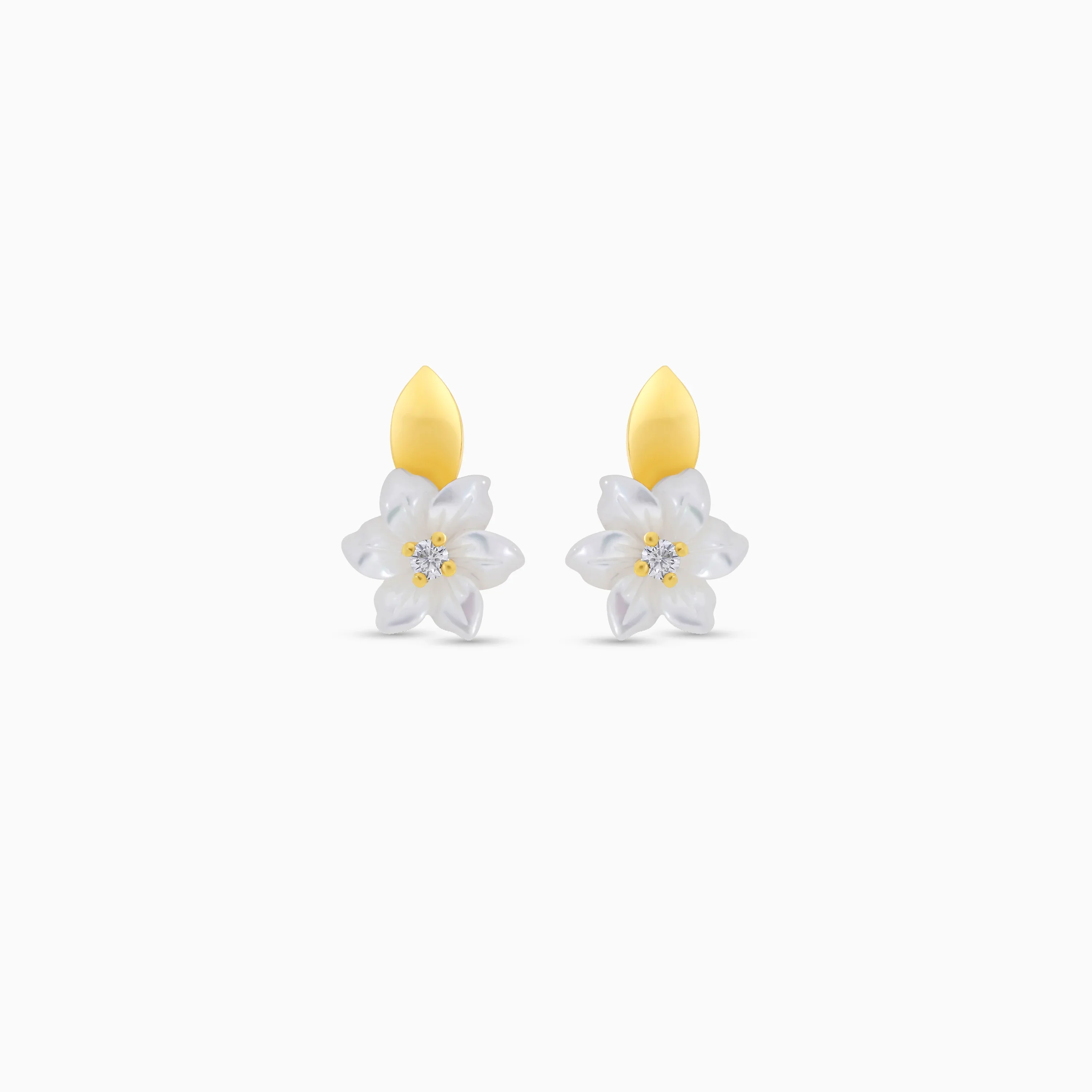 18K Gold Earrings with White Mother of Pearl Flower & Zircon Design - Image 3