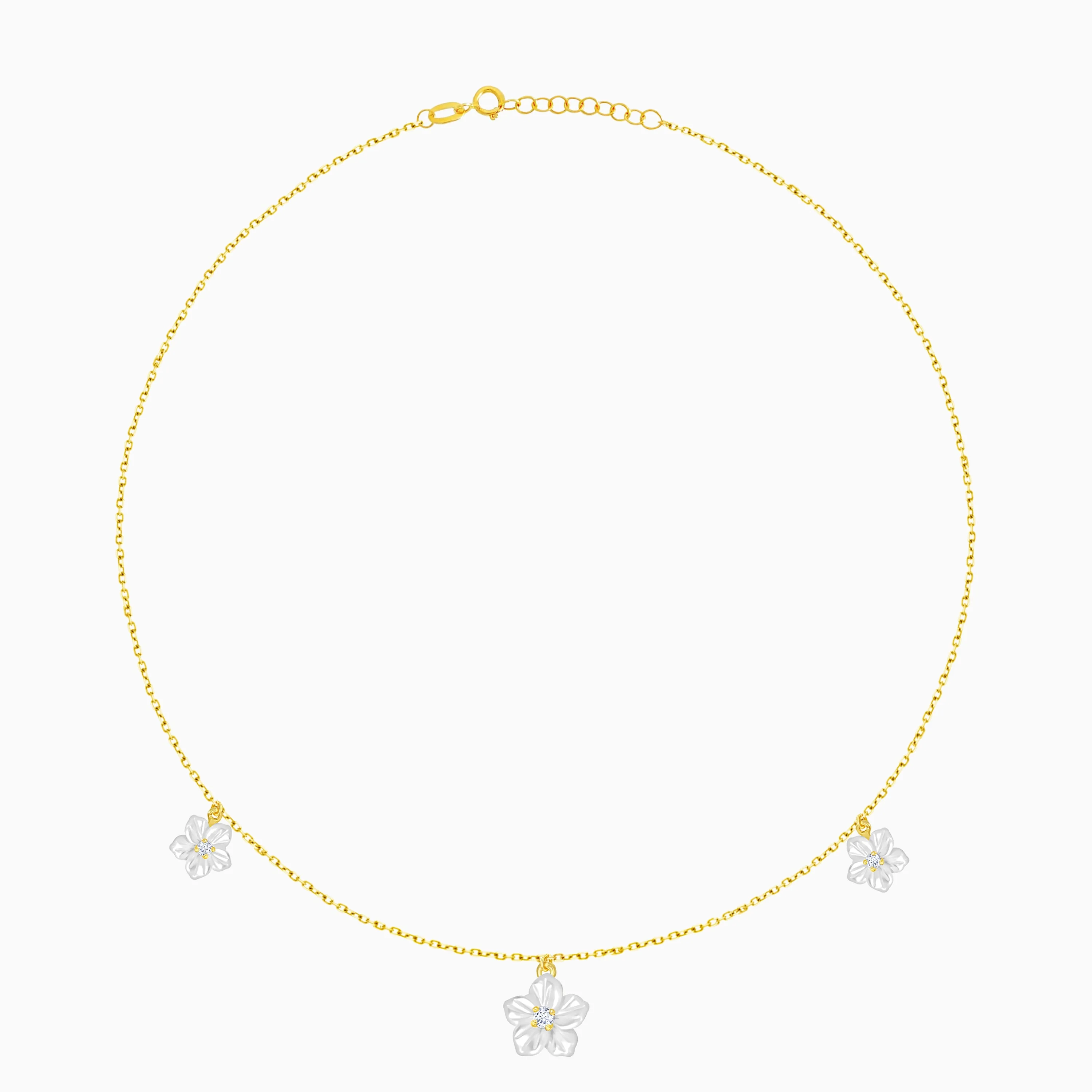 18K Gold Necklace Mixed Mother of Pearl Flower Sizes and Zircon Stones - Image 2