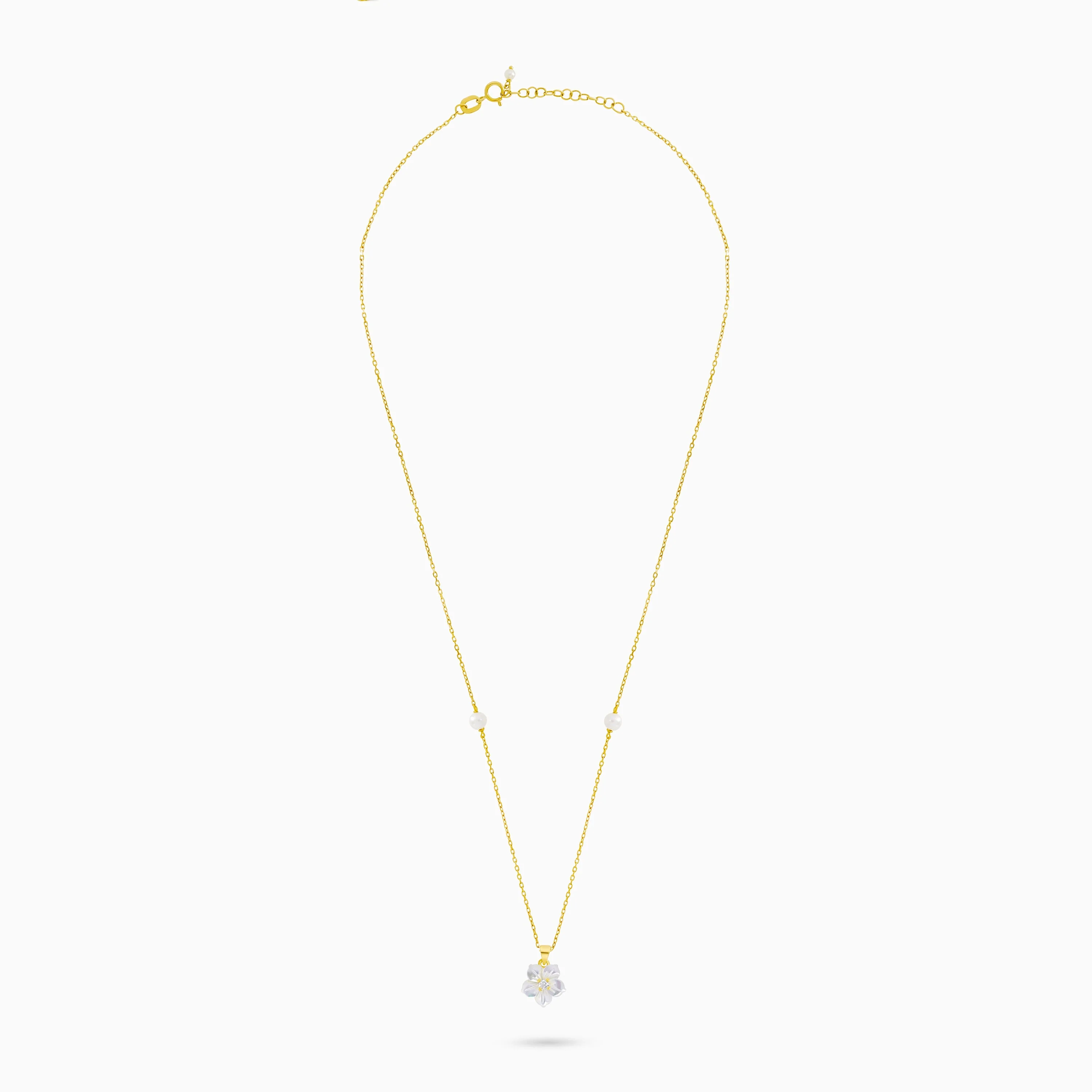 18K Gold Necklace White Mother of Pearl Flower Design, Zircon & Pearls - Image 3