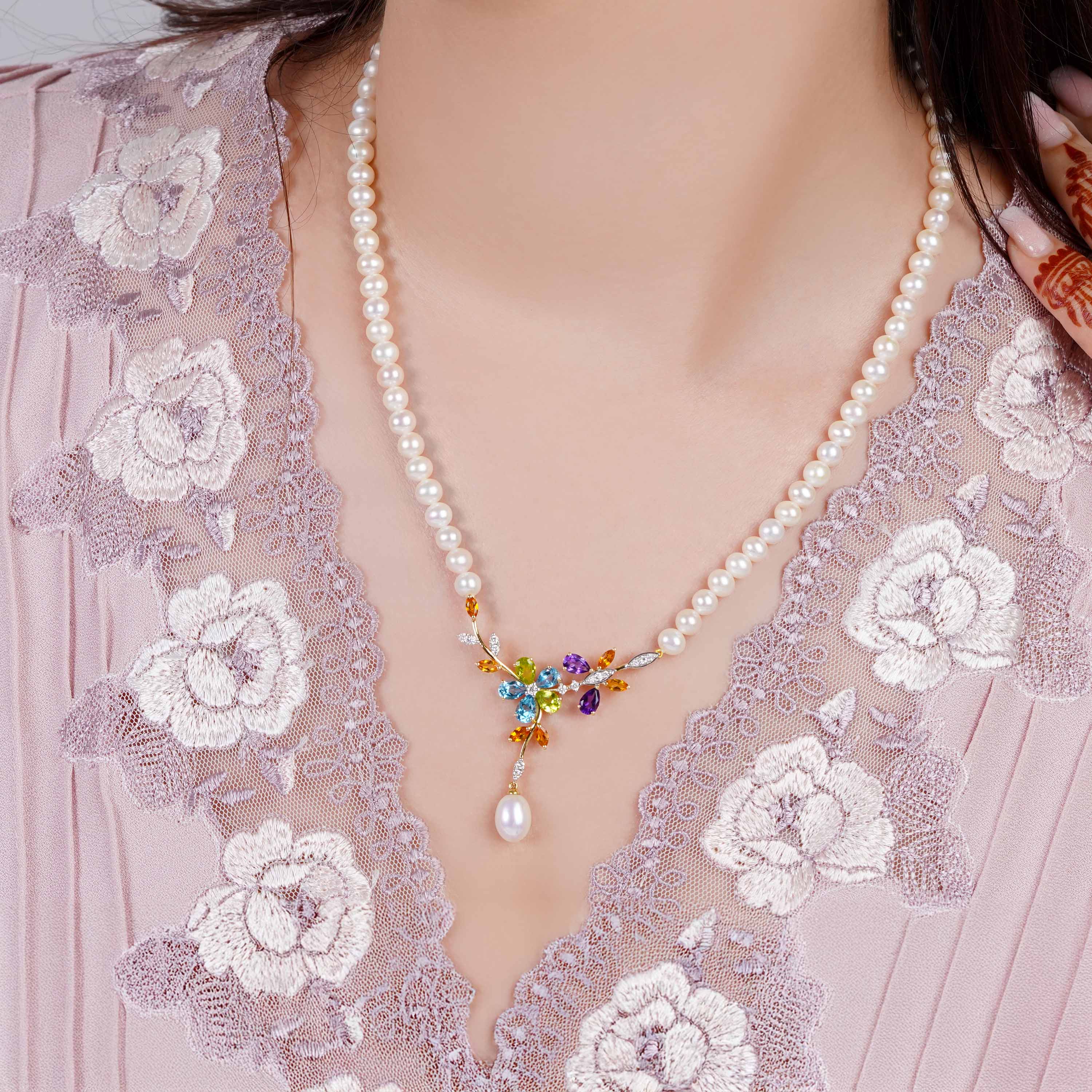 18k Yellow Gold Pearl & Multi-Gemstone Floral Necklace — Danah Diamond Collection - Image 3