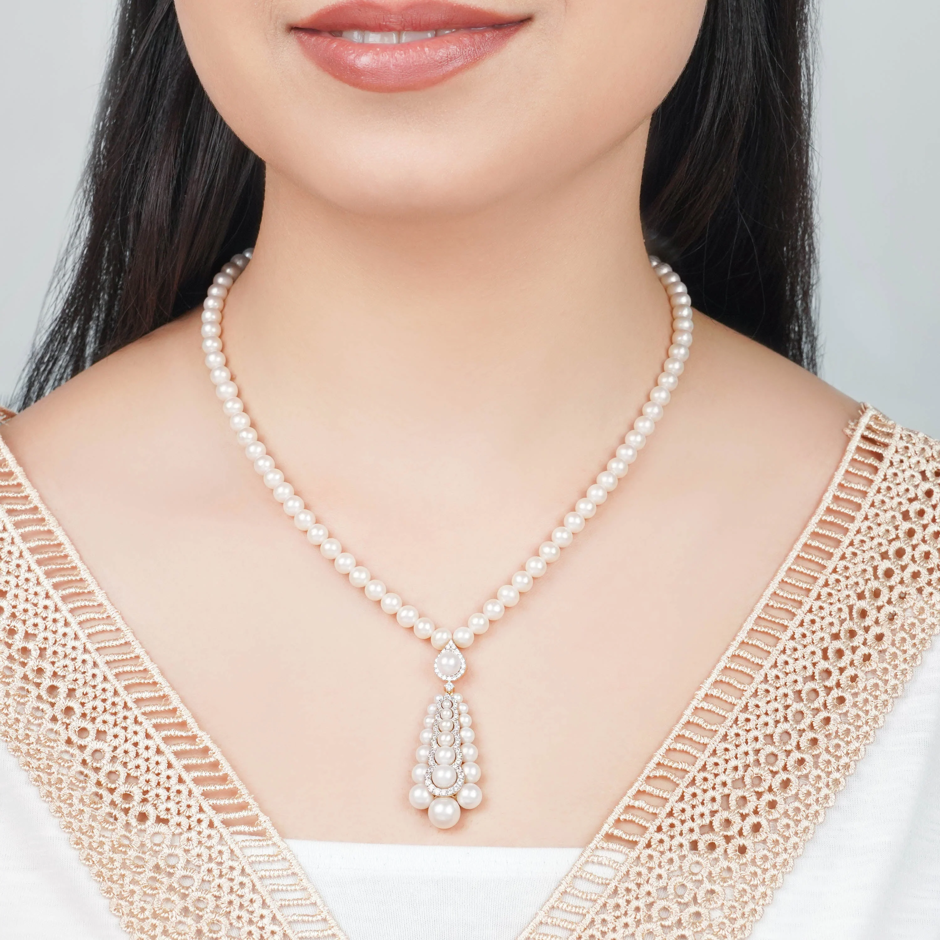 18k Gold Pearl Necklace with Zircon Stones | Danah Collection - Image 2