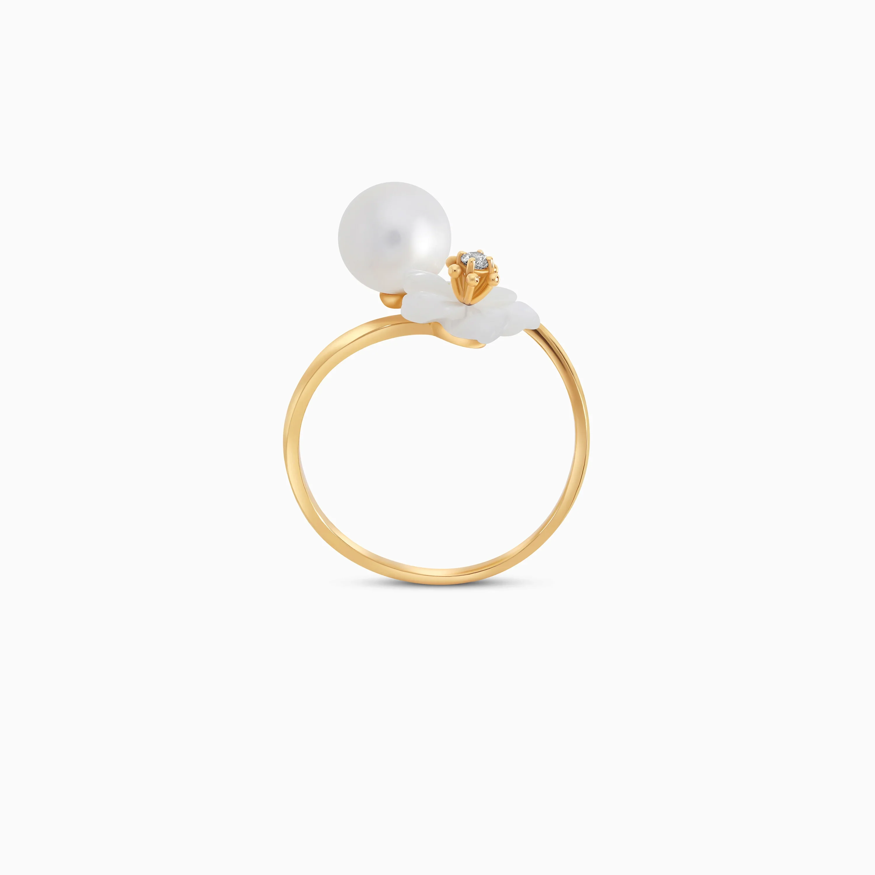 18K Gold Ring with MOP Flower, Zircon & Single Pearl - Image 3
