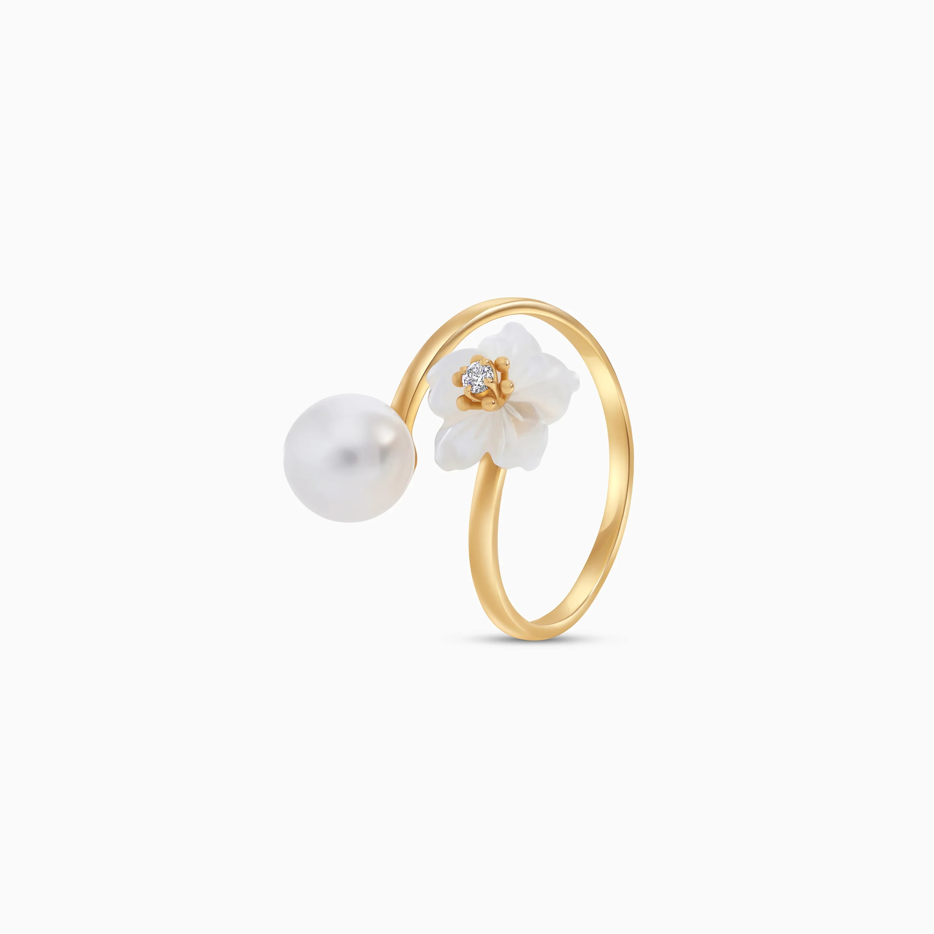 18K Gold Ring with MOP Flower, Zircon & Single Pearl - Image 4