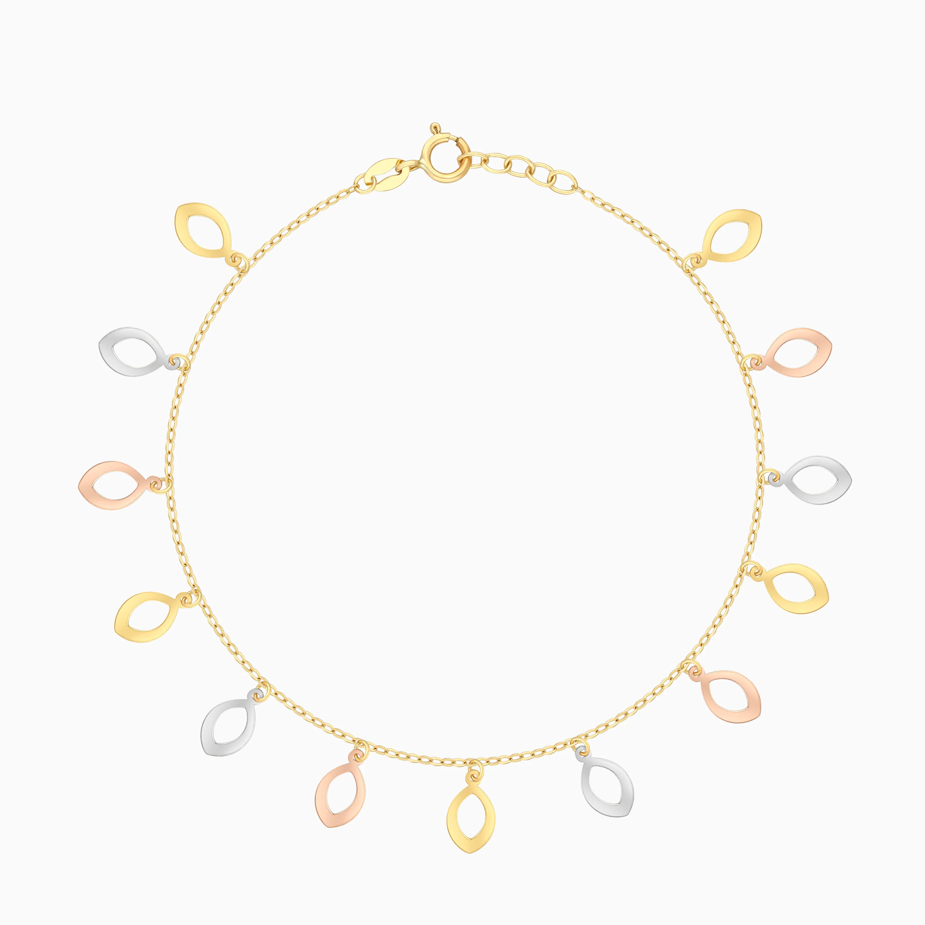 18K Gold Tricolor Leaf Drop Charm Bracelet - Image 2