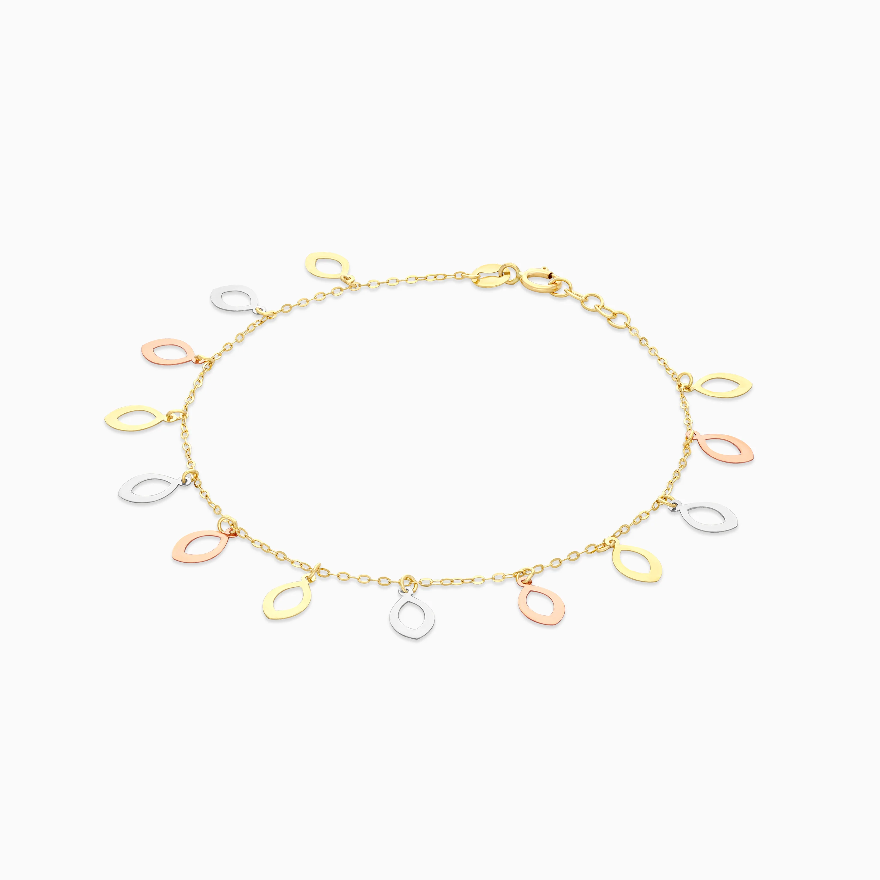 18K Gold Tricolor Leaf Drop Charm Bracelet - Image 3