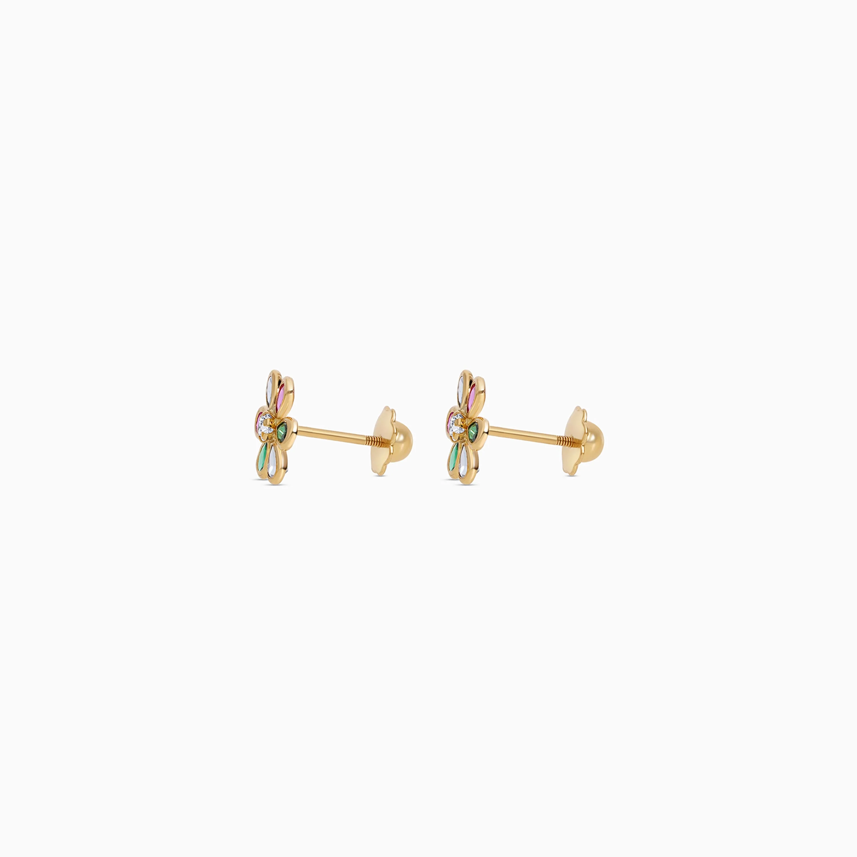 18k Yellow Flower-Shaped Earrings with Zircon & Multi-Coloured Stones | Spanish Kids Collection - Image 3