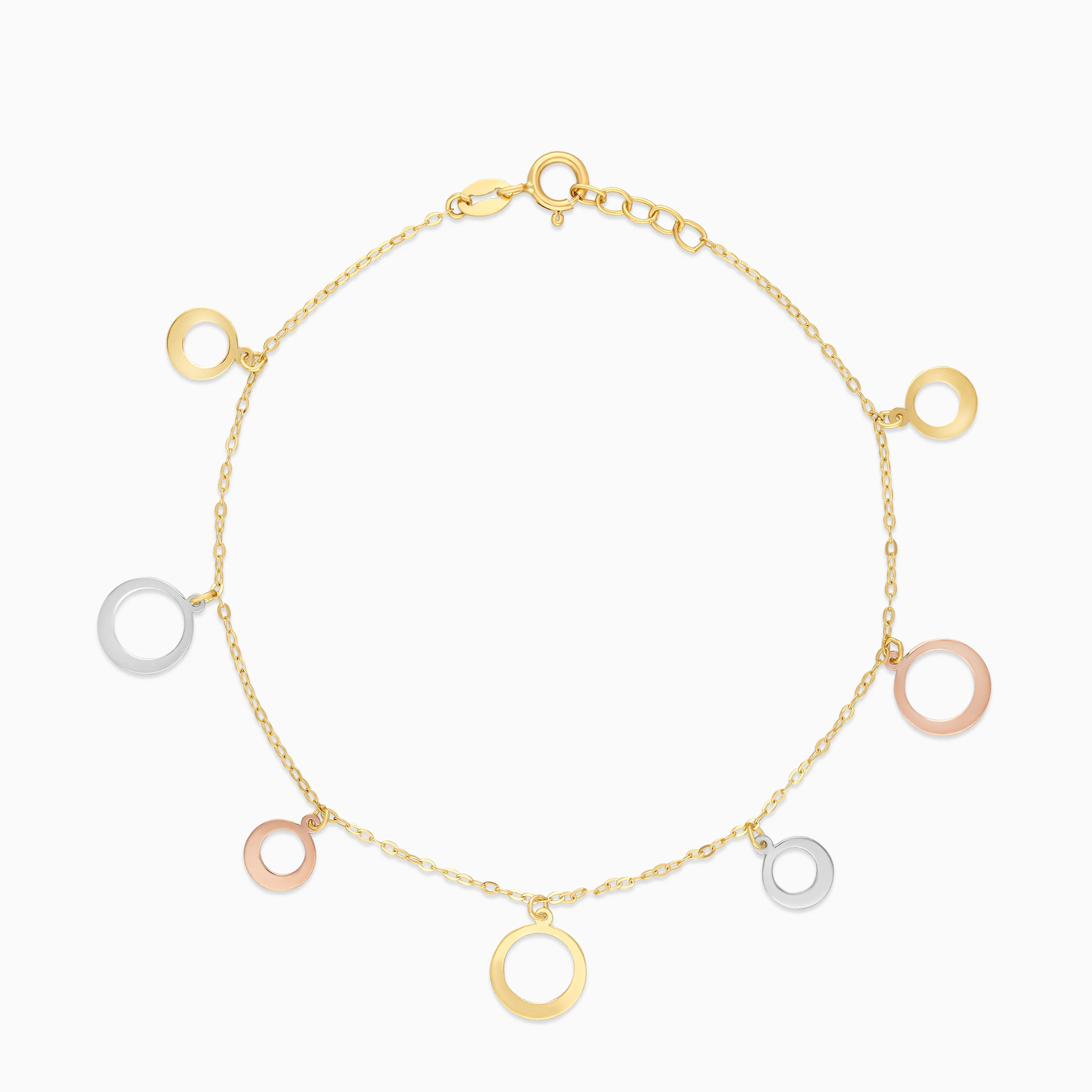 18K Multi-Colour Gold Charm Bracelet with 2 sizes Dangling Circles - Image 2