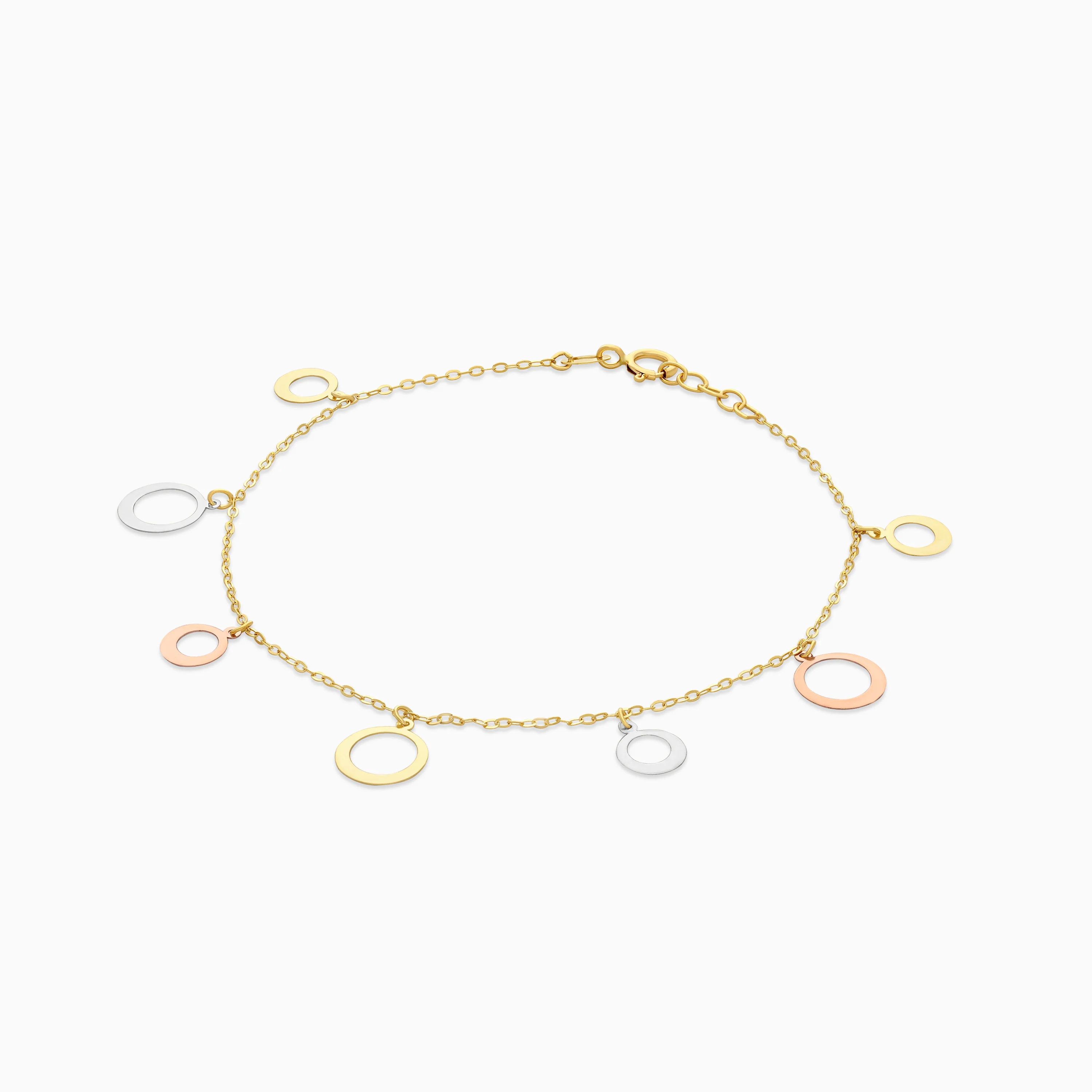 18K Multi-Colour Gold Charm Bracelet with 2 sizes Dangling Circles - Image 3