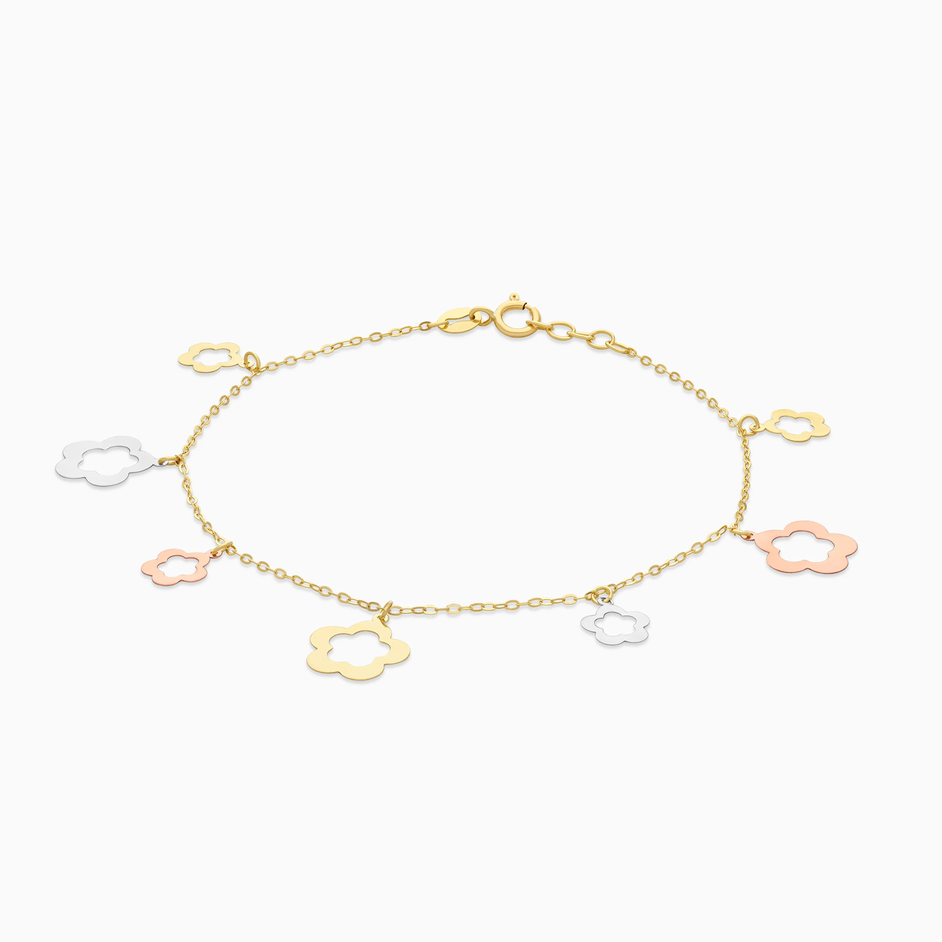 18K Multi-Colour Gold Charm Bracelet with 2 sizes Flowers Dangling - Image 3