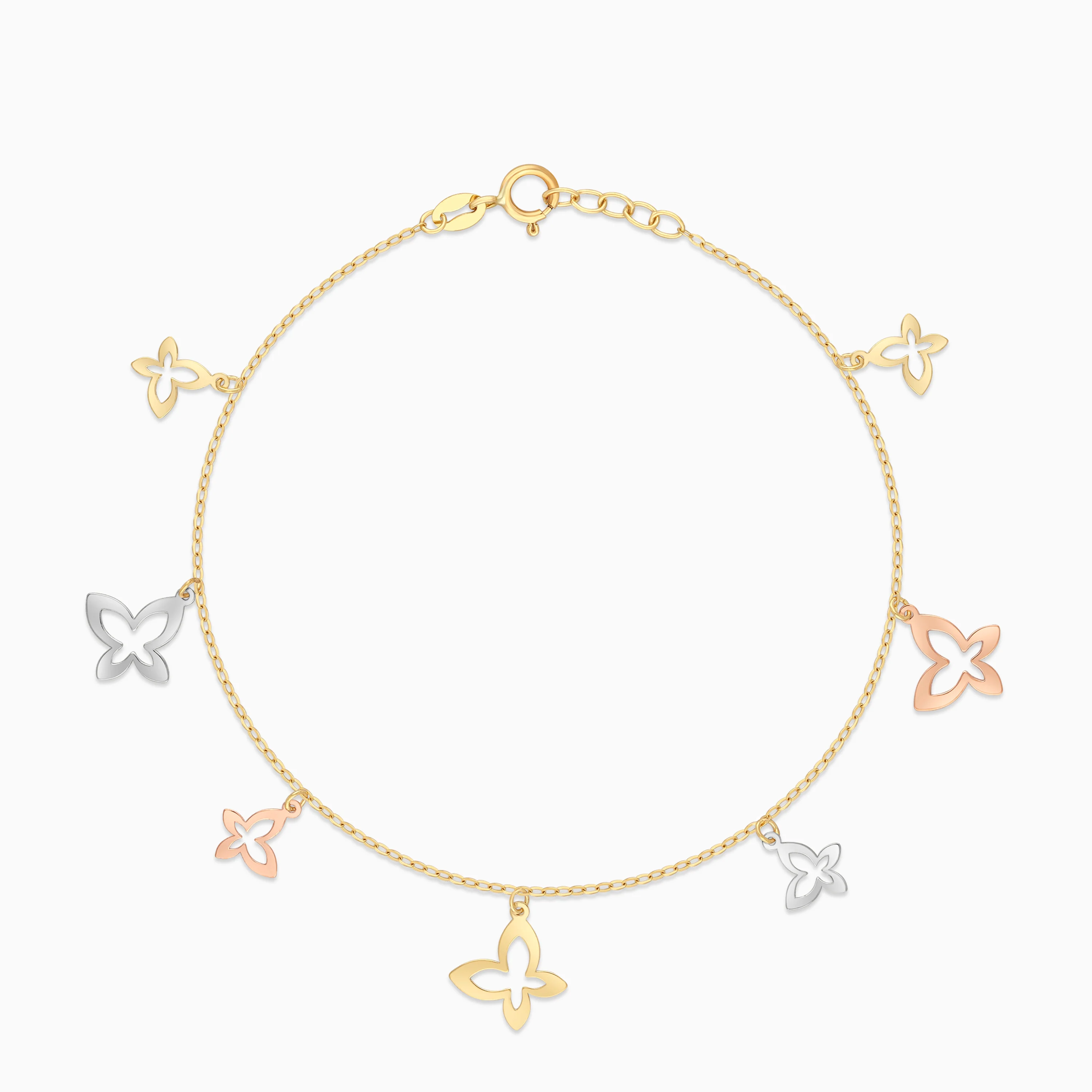 18K Multi Colour Gold Charm Bracelet with 2 sizes, Sharp Design Butterflies - Image 2