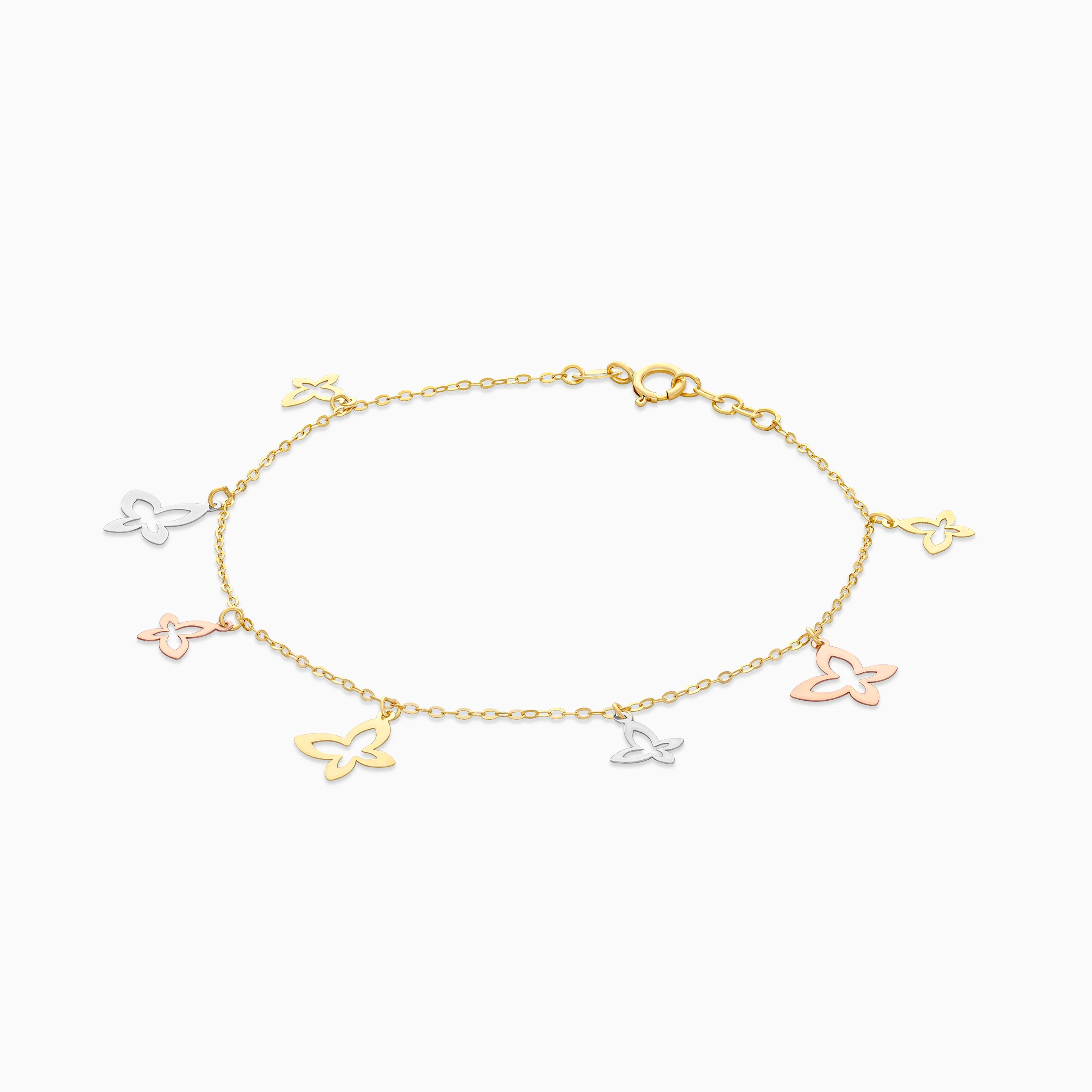 18K Multi Colour Gold Charm Bracelet with 2 sizes, Sharp Design Butterflies - Image 3