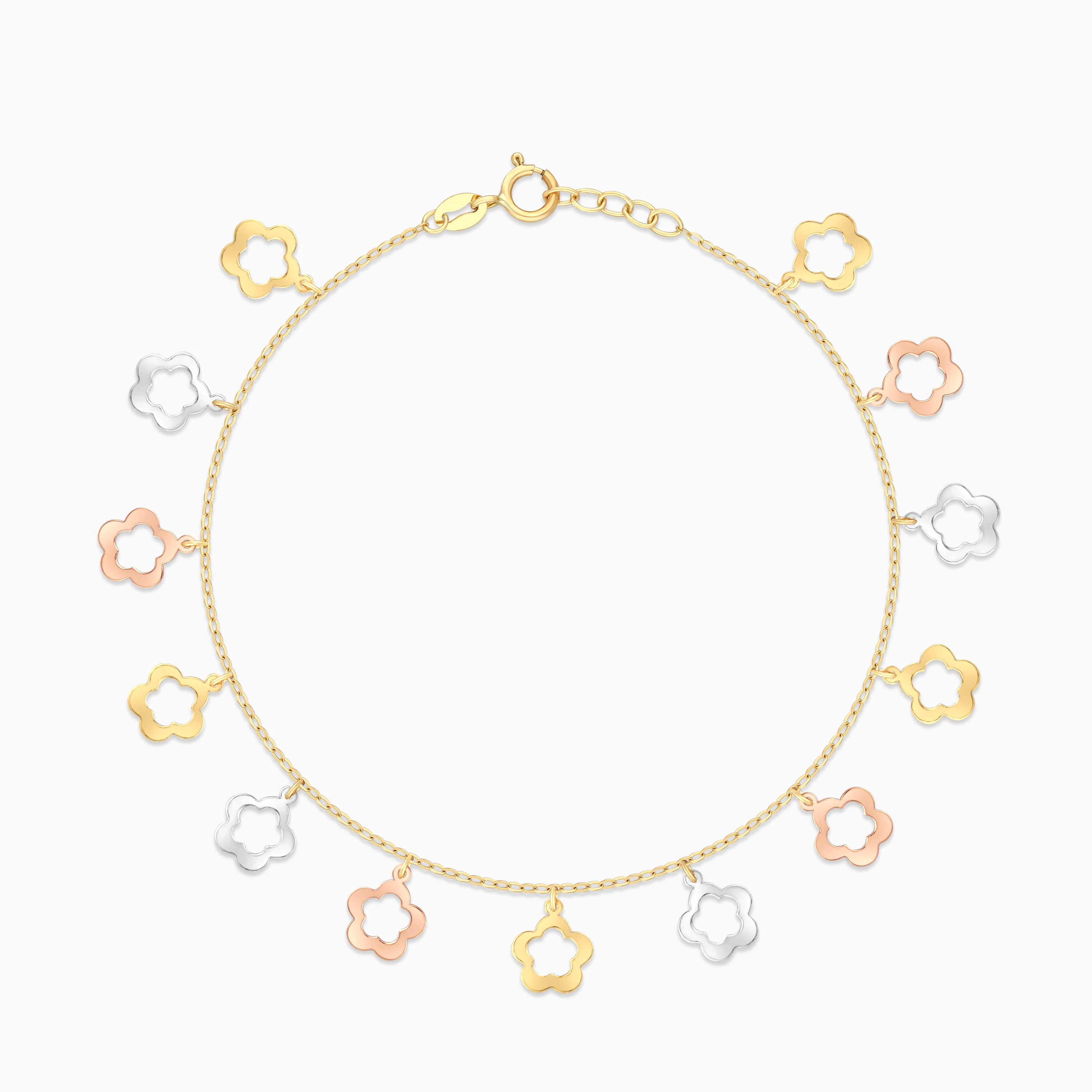 18K Multi-Colour Gold Charm Bracelet with Dangling Flowers - Image 2
