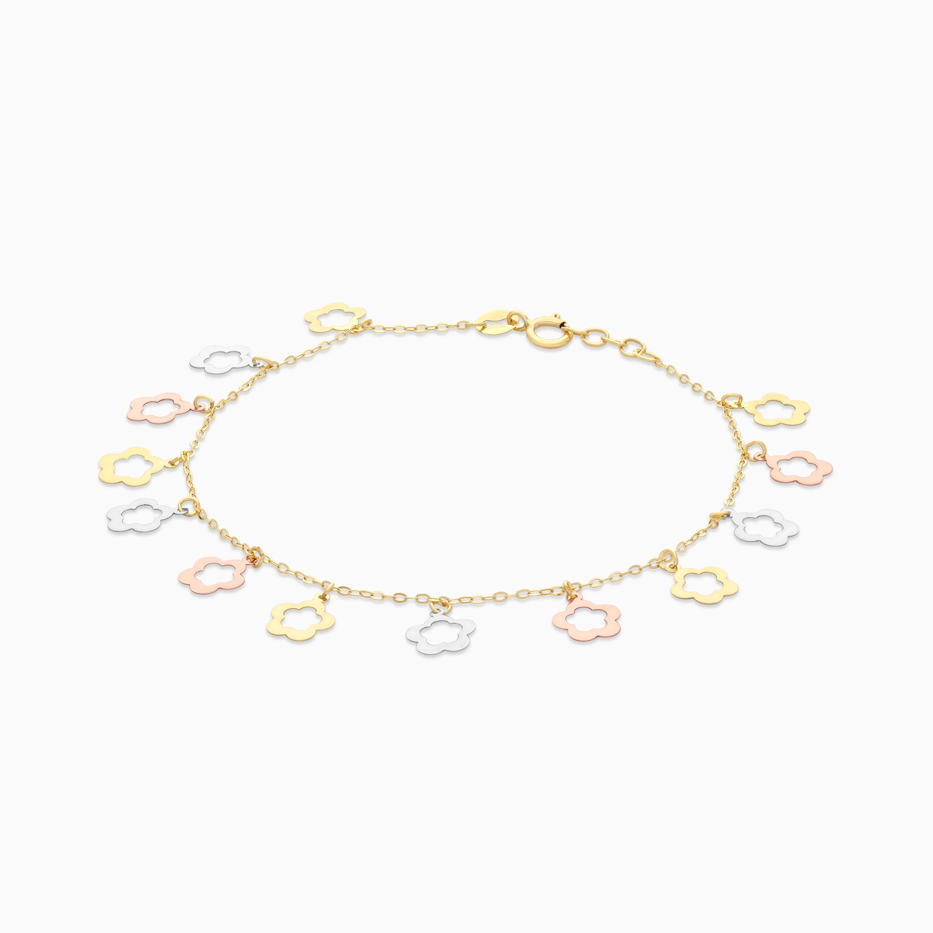 18K Multi-Colour Gold Charm Bracelet with Dangling Flowers - Image 3