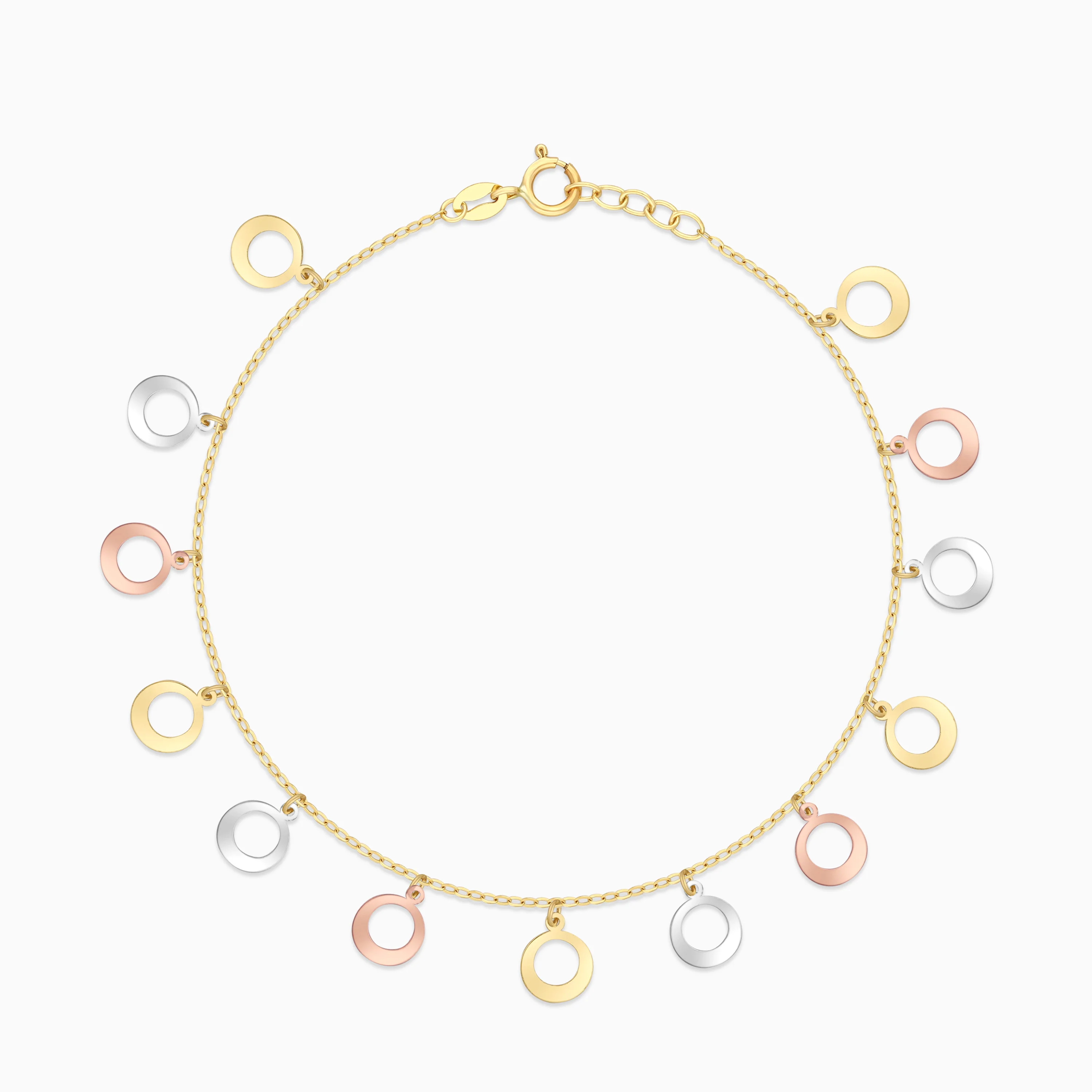 18k Multi-Colour Gold Dangling Circle Charm Bracelet - Image 2