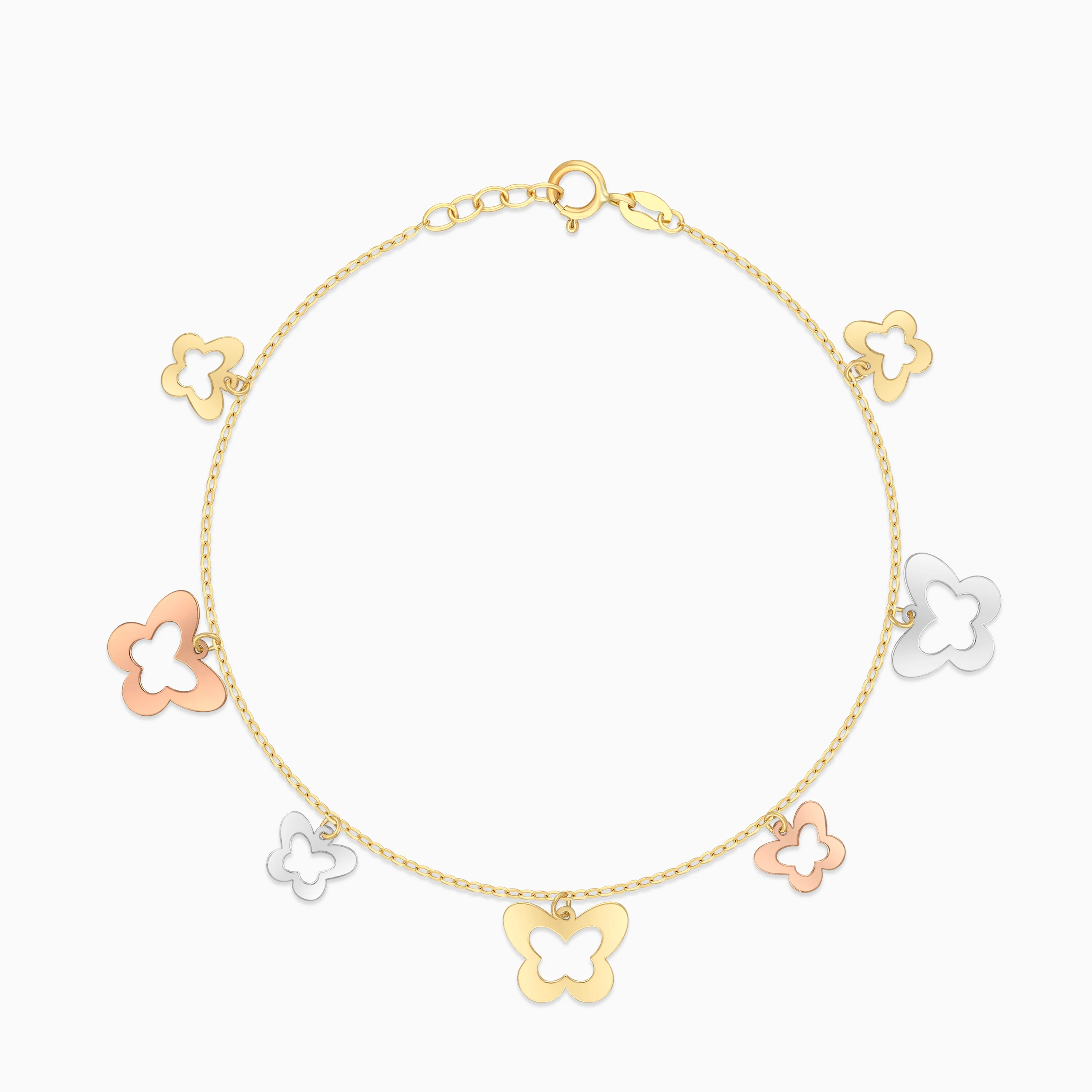 18K Multicolour Gold Charm Bracelet with 2 sizes Dangling Butterflies - Image 2