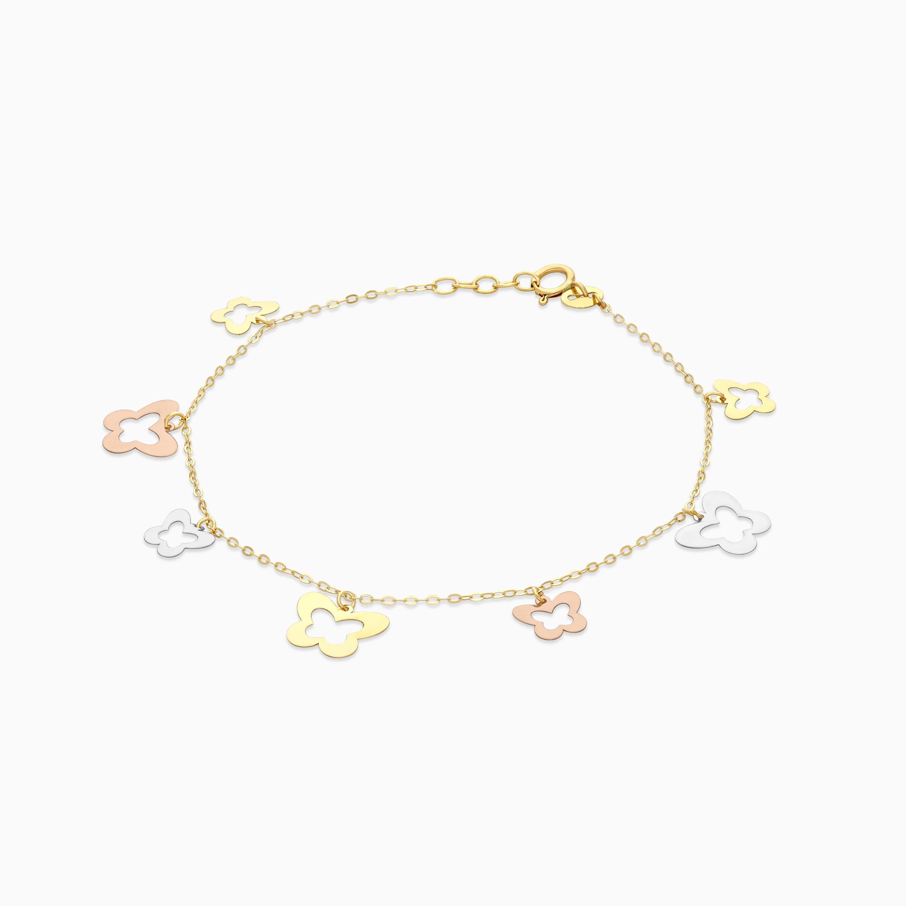 18K Multicolour Gold Charm Bracelet with 2 sizes Dangling Butterflies - Image 3