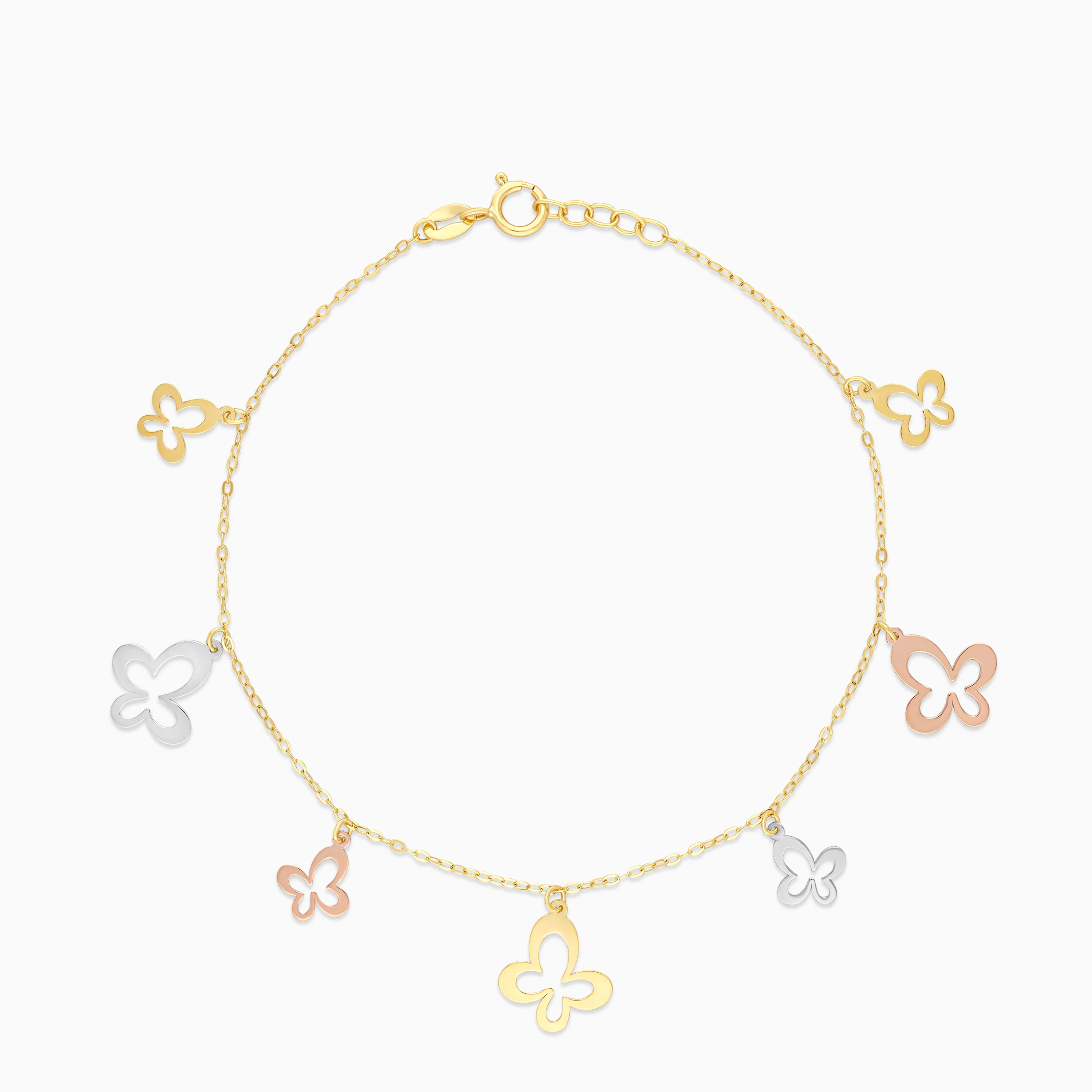 18K Multicolour Gold Charm Bracelet with 2 sizes Dangling Butterflies - Image 2