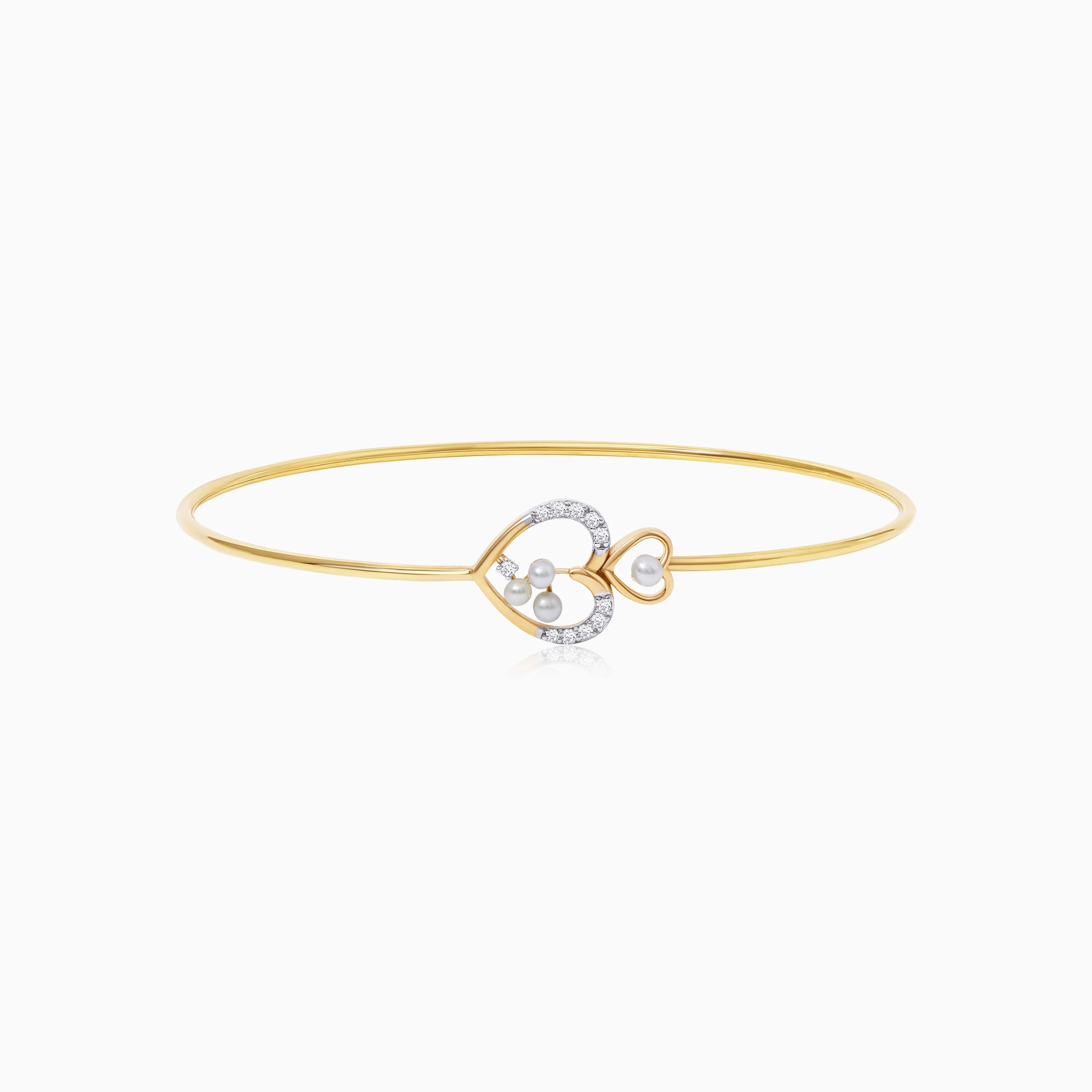 18k Yellow Gold Dual Heart Bangle with Natural Diamonds & Pearls - Image 3