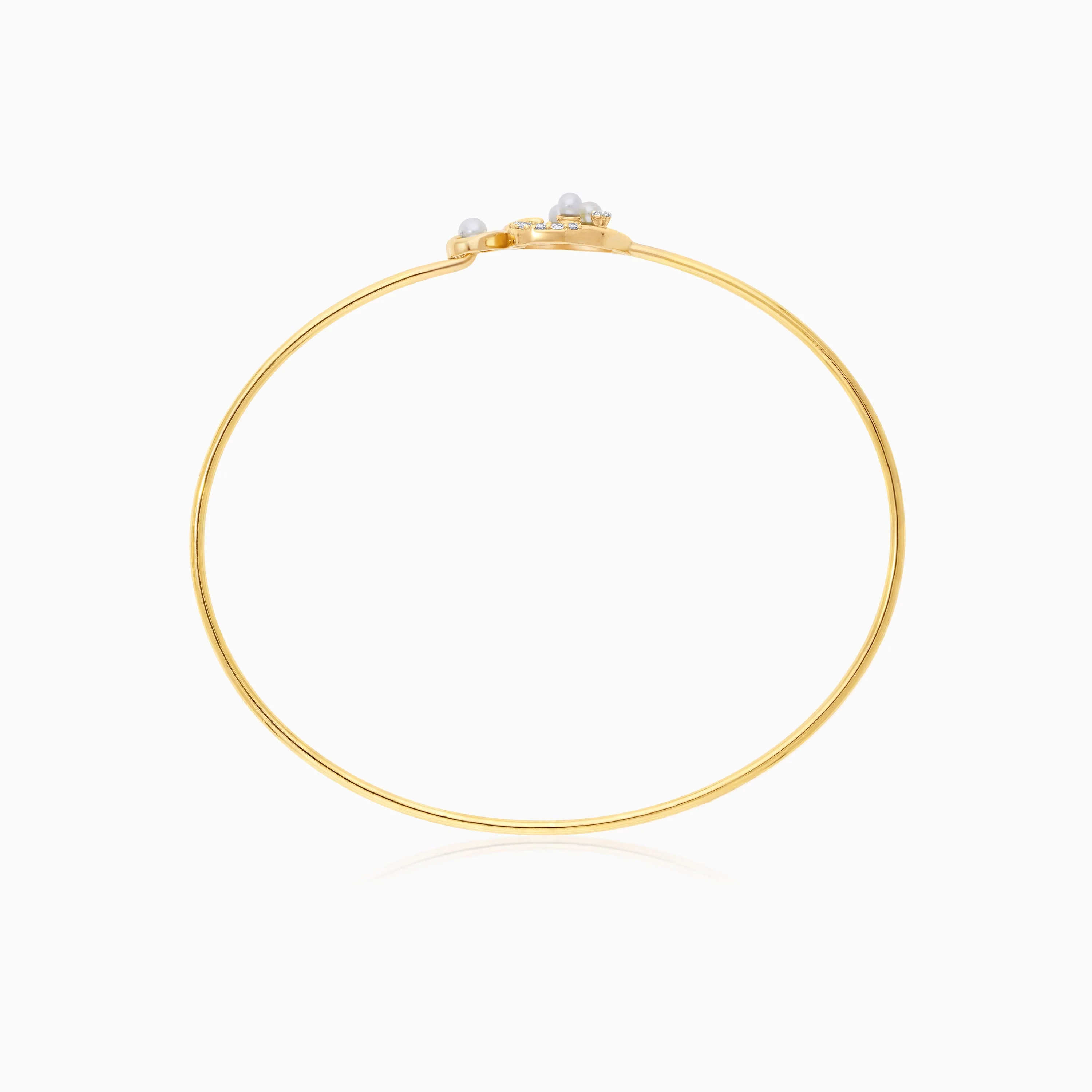 18k Yellow Gold Dual Heart Bangle with Natural Diamonds & Pearls - Image 4
