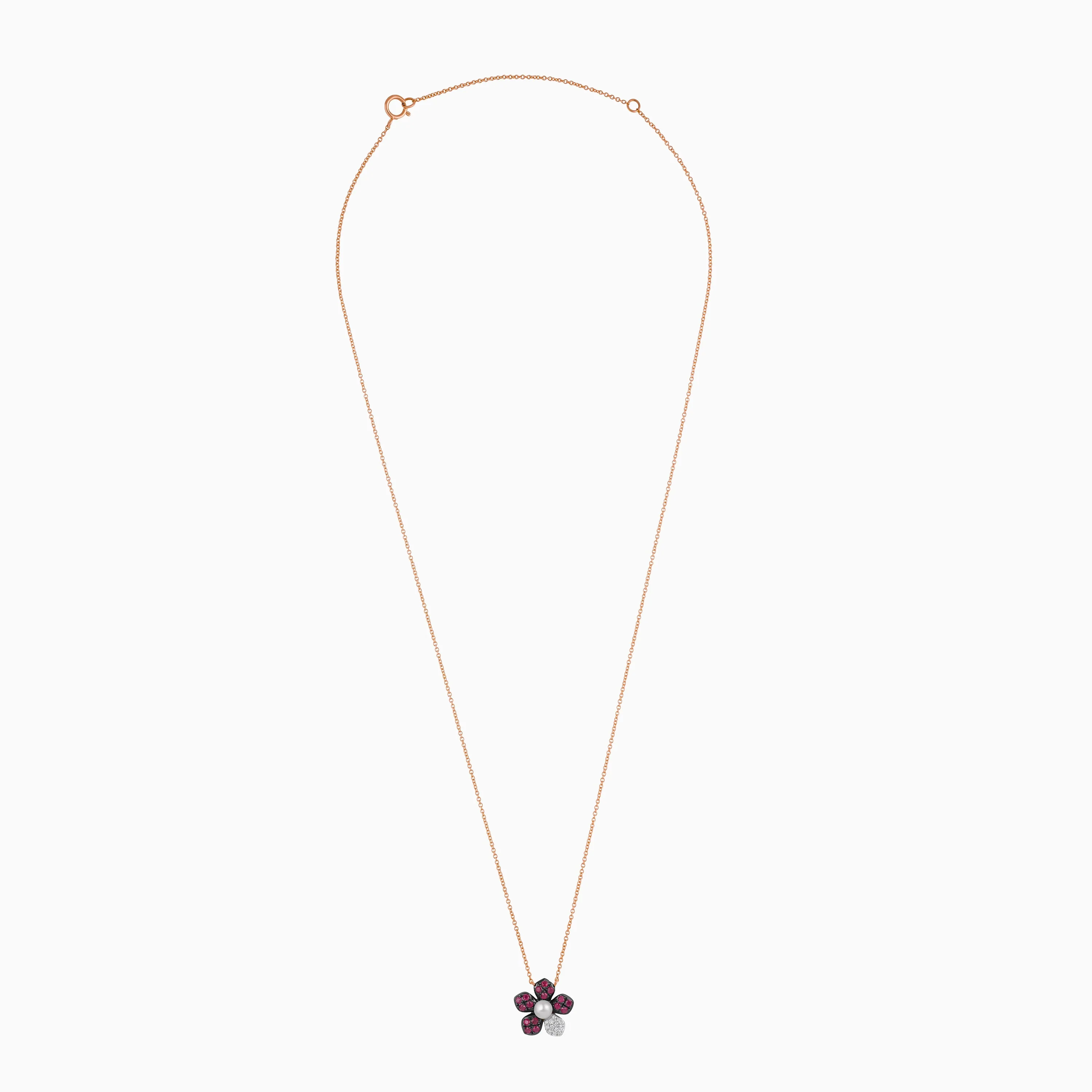 18k rose gold chain with a flower shape pendant decorated with a single pearl in the center surrounded by natural diamond, ruby stones from Danah Collection - Image 2