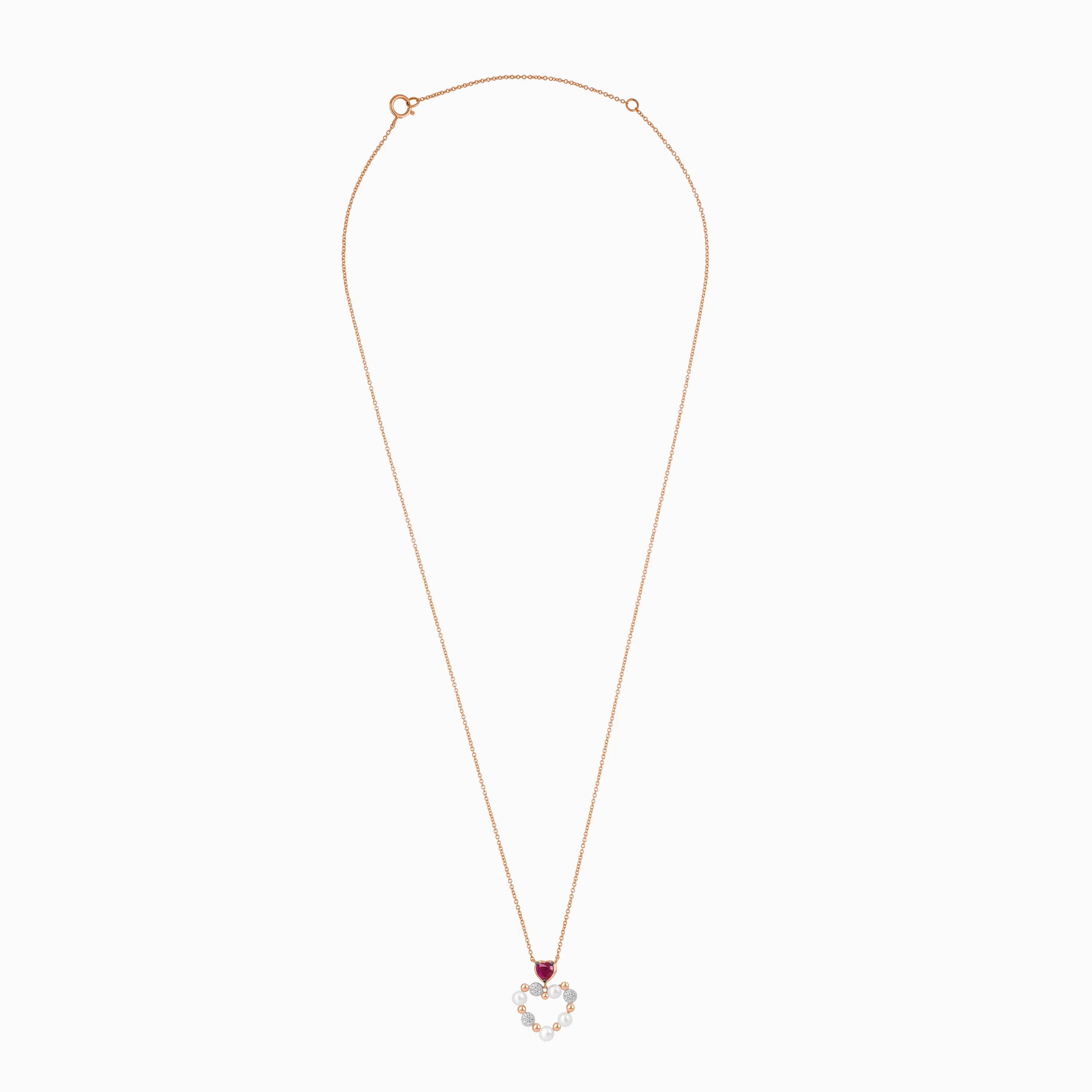 18k rose gold chain with heart-shaped pendant decorated with pearls & natural diamond and ruby | Danah - Image 2
