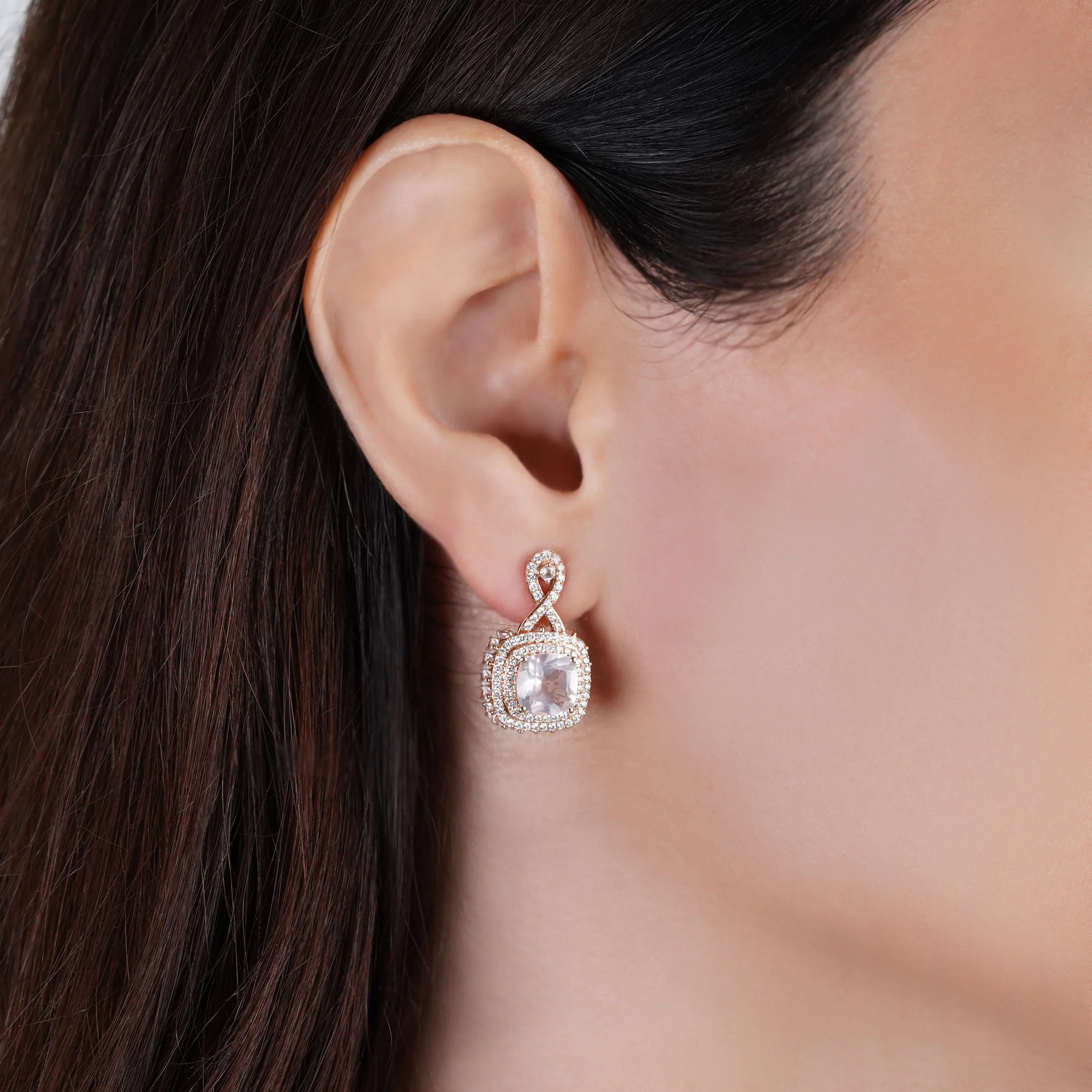 18K Rose Gold Earrings with Natural Diamond and Rose Quartz Stones - Vida Collection - Image 2