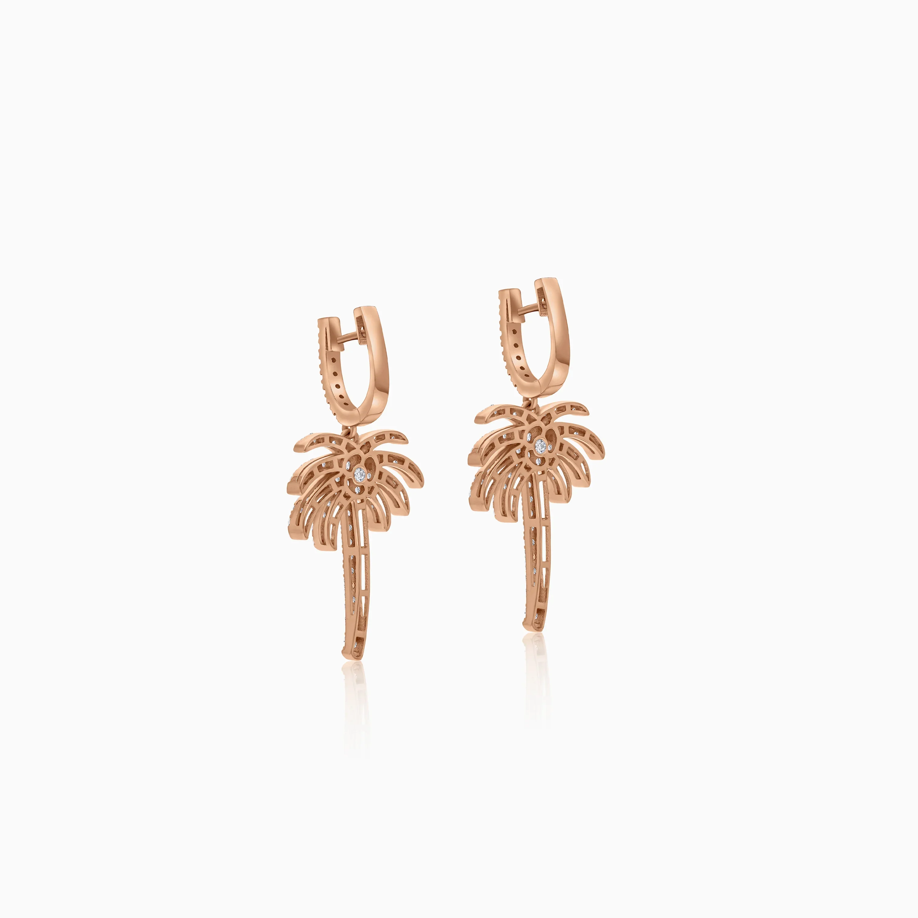 18K Rose Gold Hoop Earrings with Dangling Palm Tree-Shaped Design Decorated with Natural Diamond | Al Nakhla Collection - Image 3
