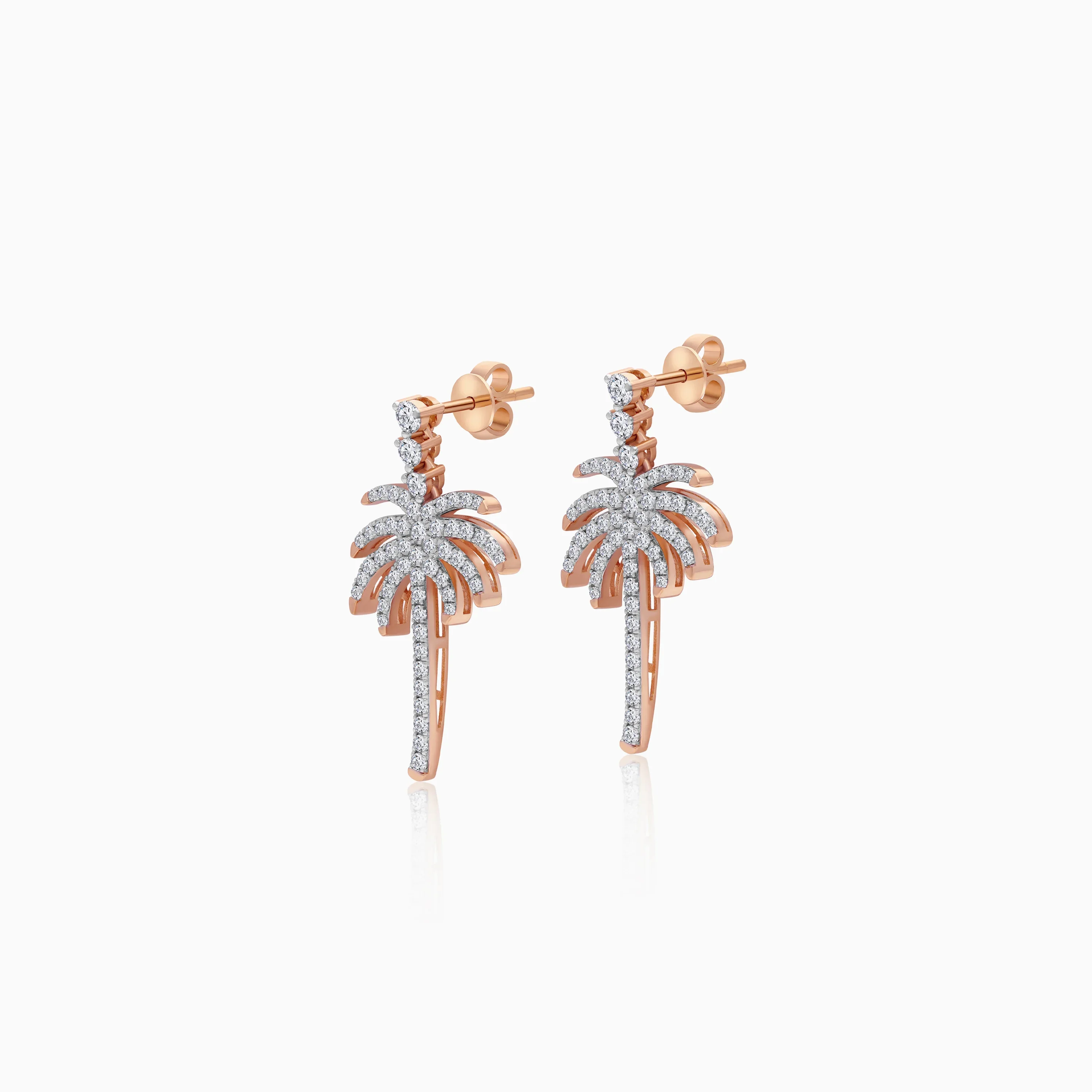18K Rose Gold Stud Earrings with Dangling Palm Tree-Shaped Design Decorated with Natural Diamond | Al Nakhla Collection - Image 2