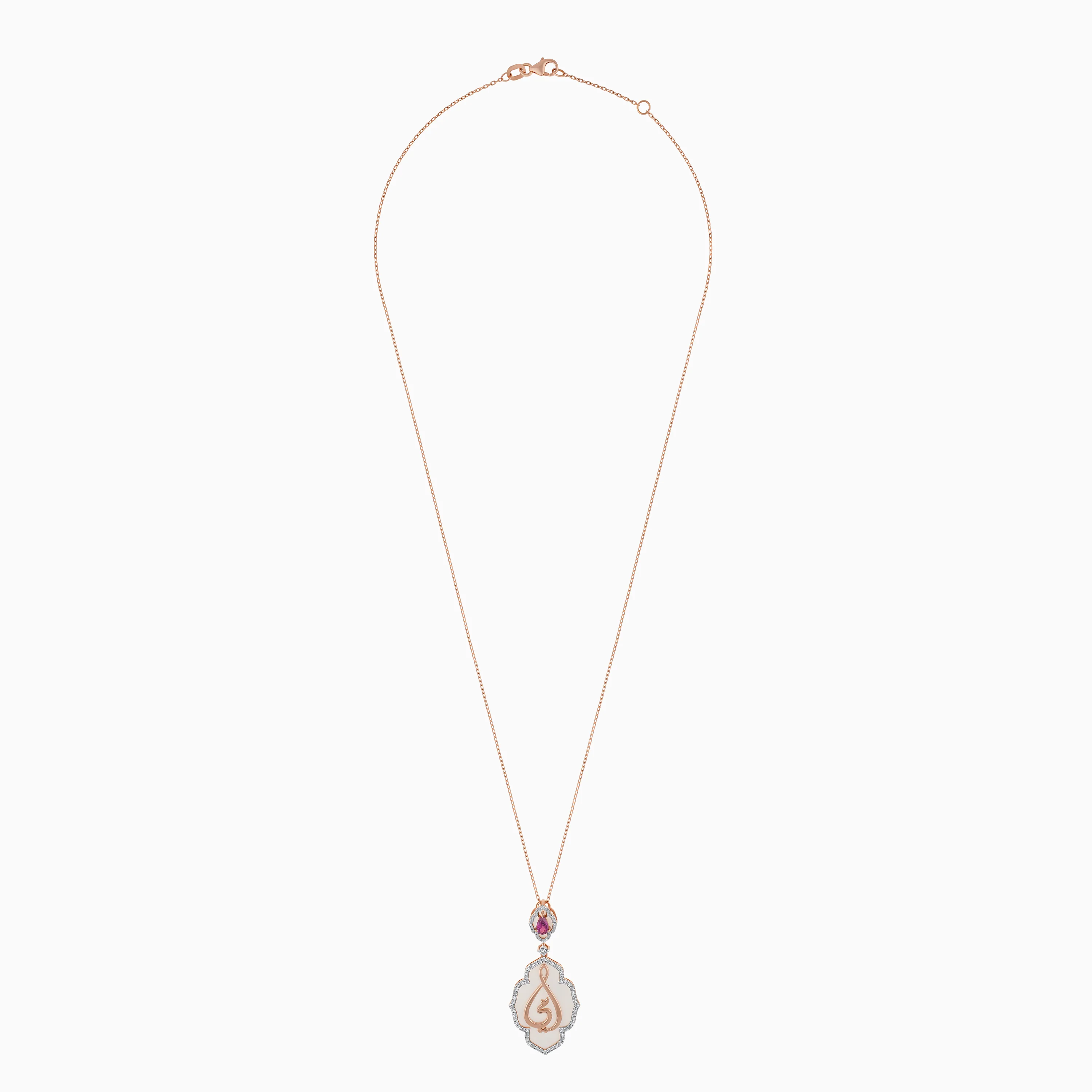 18k Rose Gold Necklace Arabic " My Mother " Pendant With Natural Diamonds, White MOP And Pinkish Purple Garnet - Image 2
