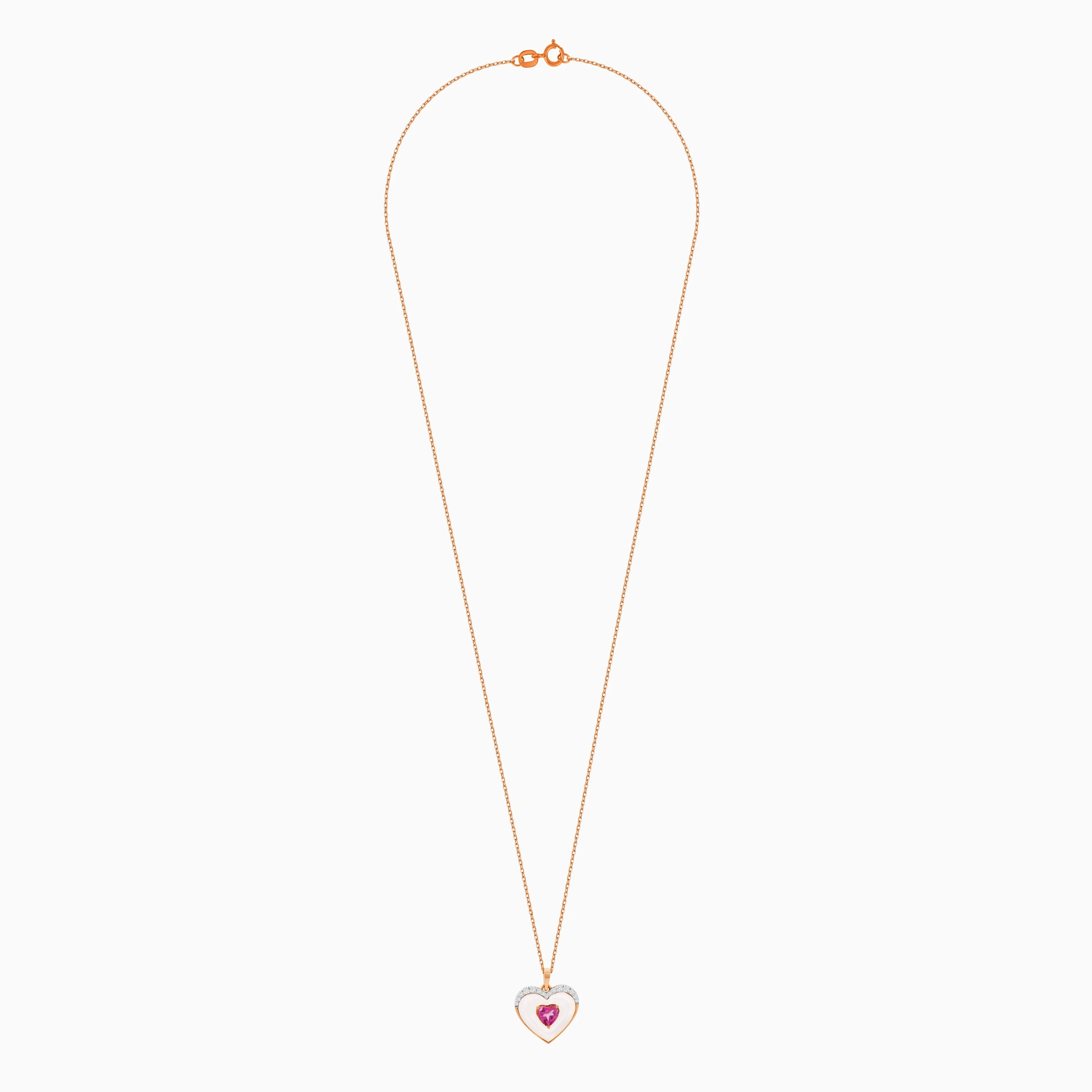 18K Rose Gold Heart Necklace with White Mother of Pearl, Natural Diamonds & Pink Topaz | Valentine Collection - Image 3