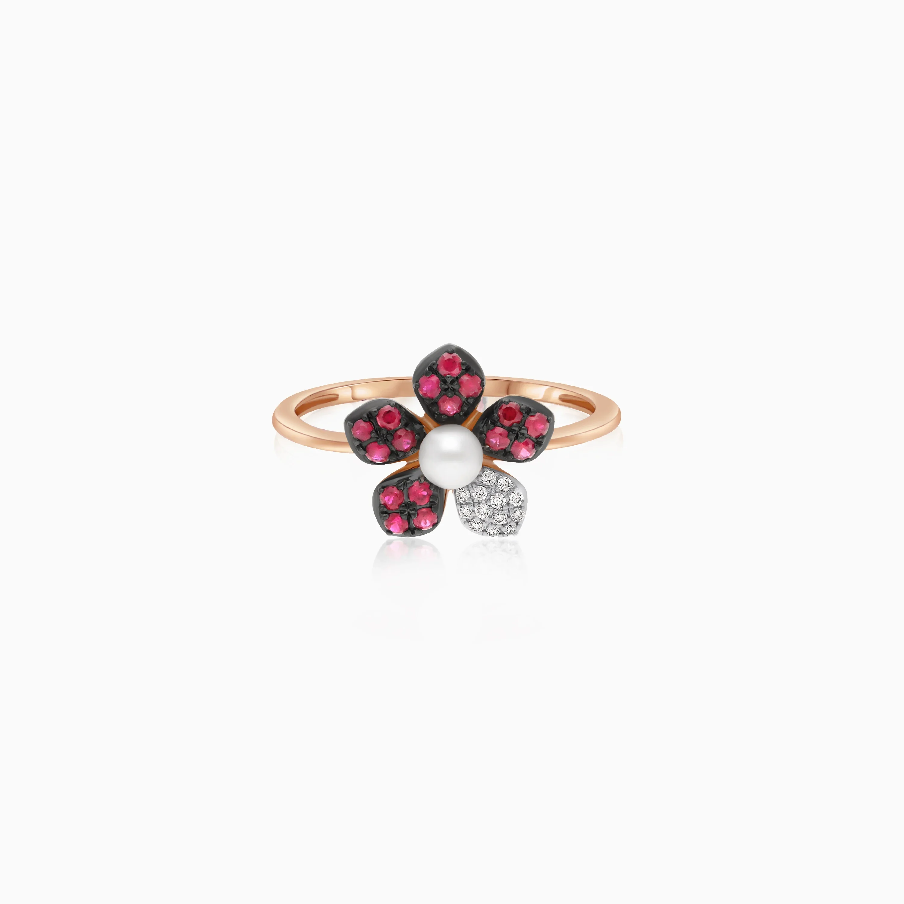 18k rose gold ring with a flower shape on the top decorated with natural diamonds, ruby stones and a single pearl in the center - Image 2