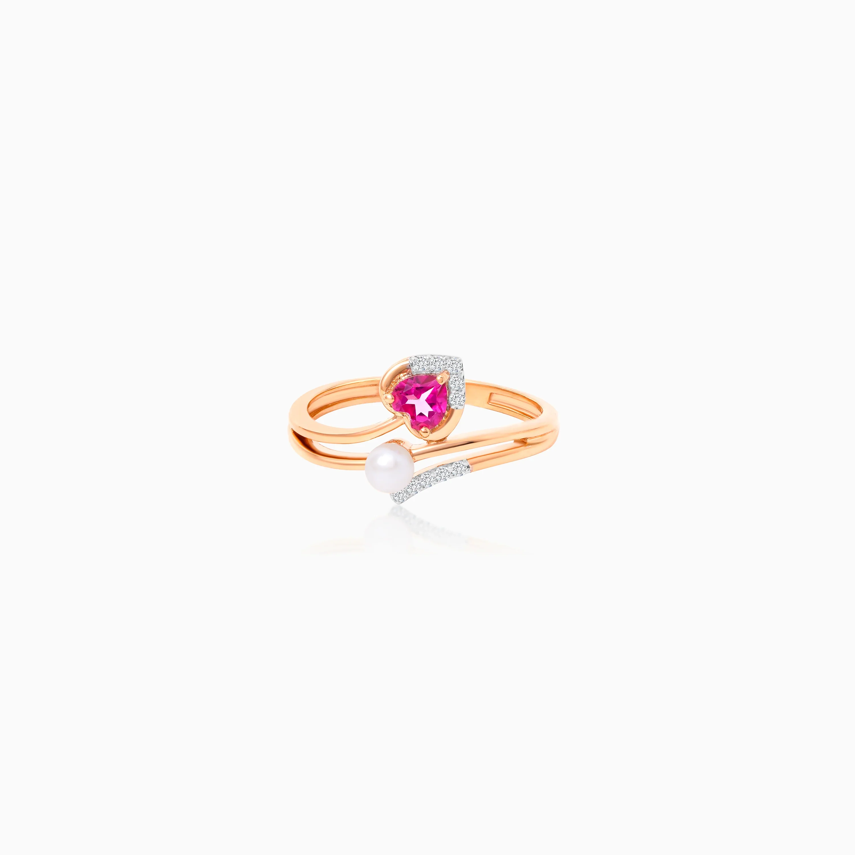 18k Rose Gold Ring with Pink Topaz Heart, Natural Diamonds & Pearl - Image 3