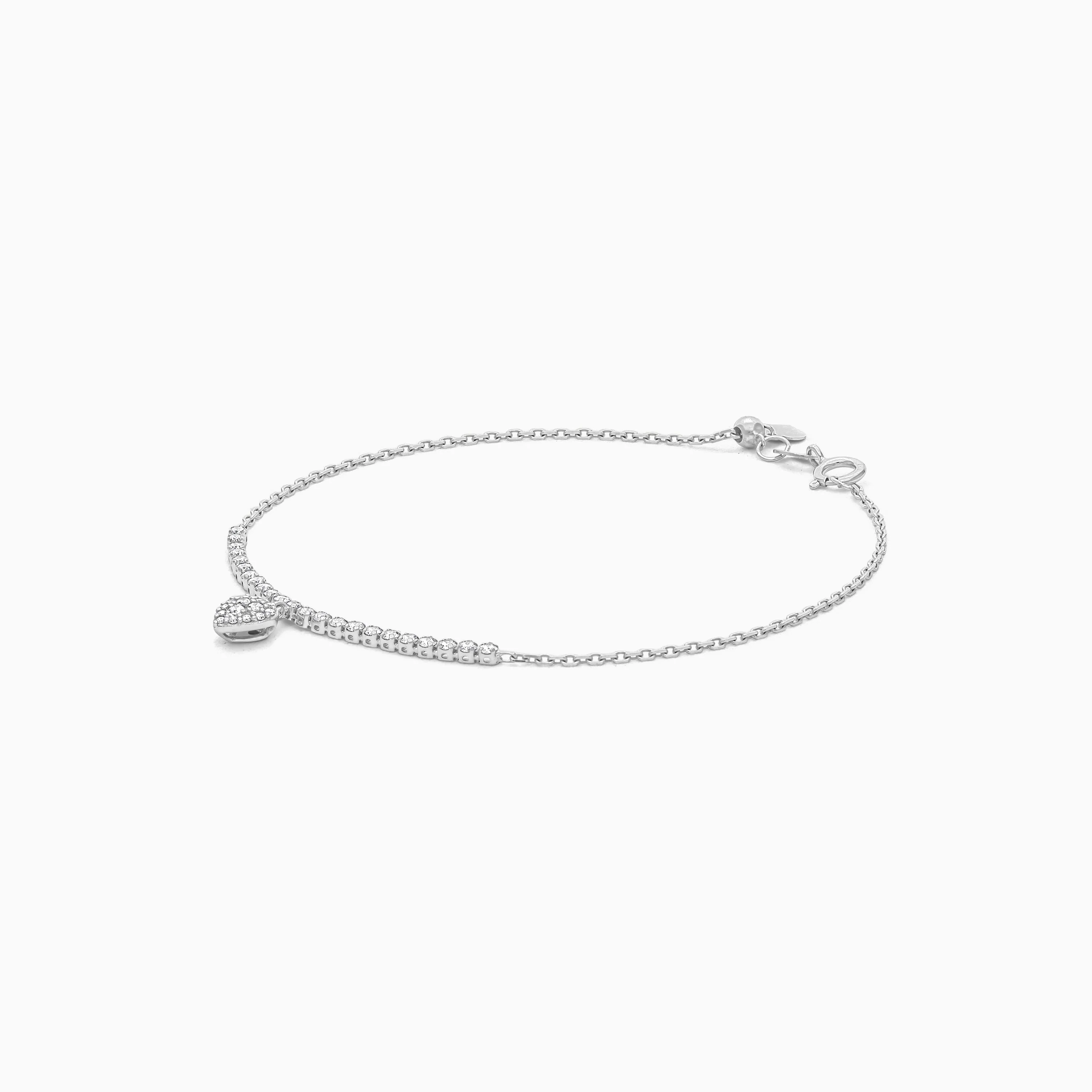 18k white gold adjustable bracelet with a dangling heart-shaped pendant decorated with natural diamond stones | Trendy collection - Image 4