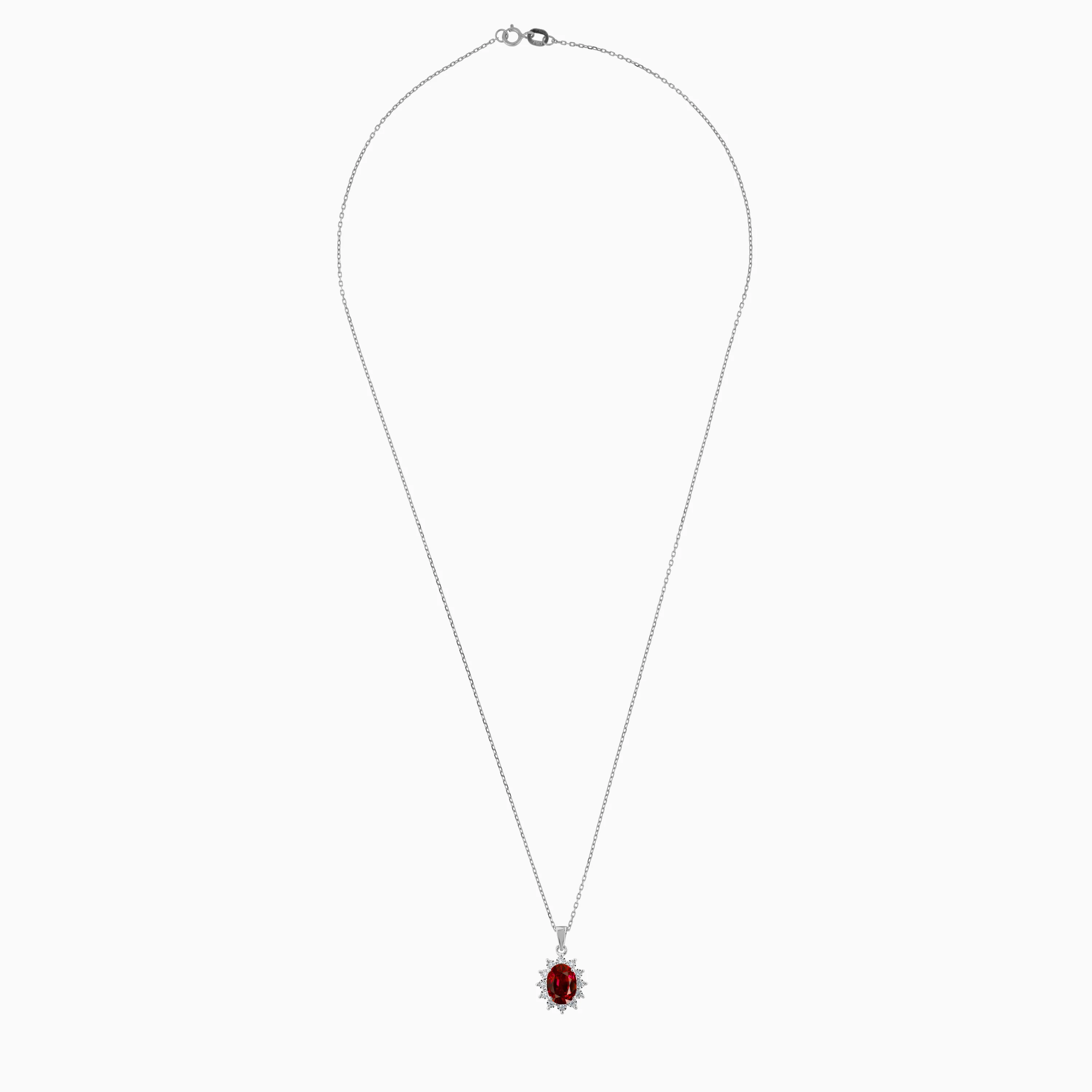 18K White Gold chain Decorated with Red Natural Garnet Surrounded by Natural Diamond Stones Pendant | Diana Collection - Image 3