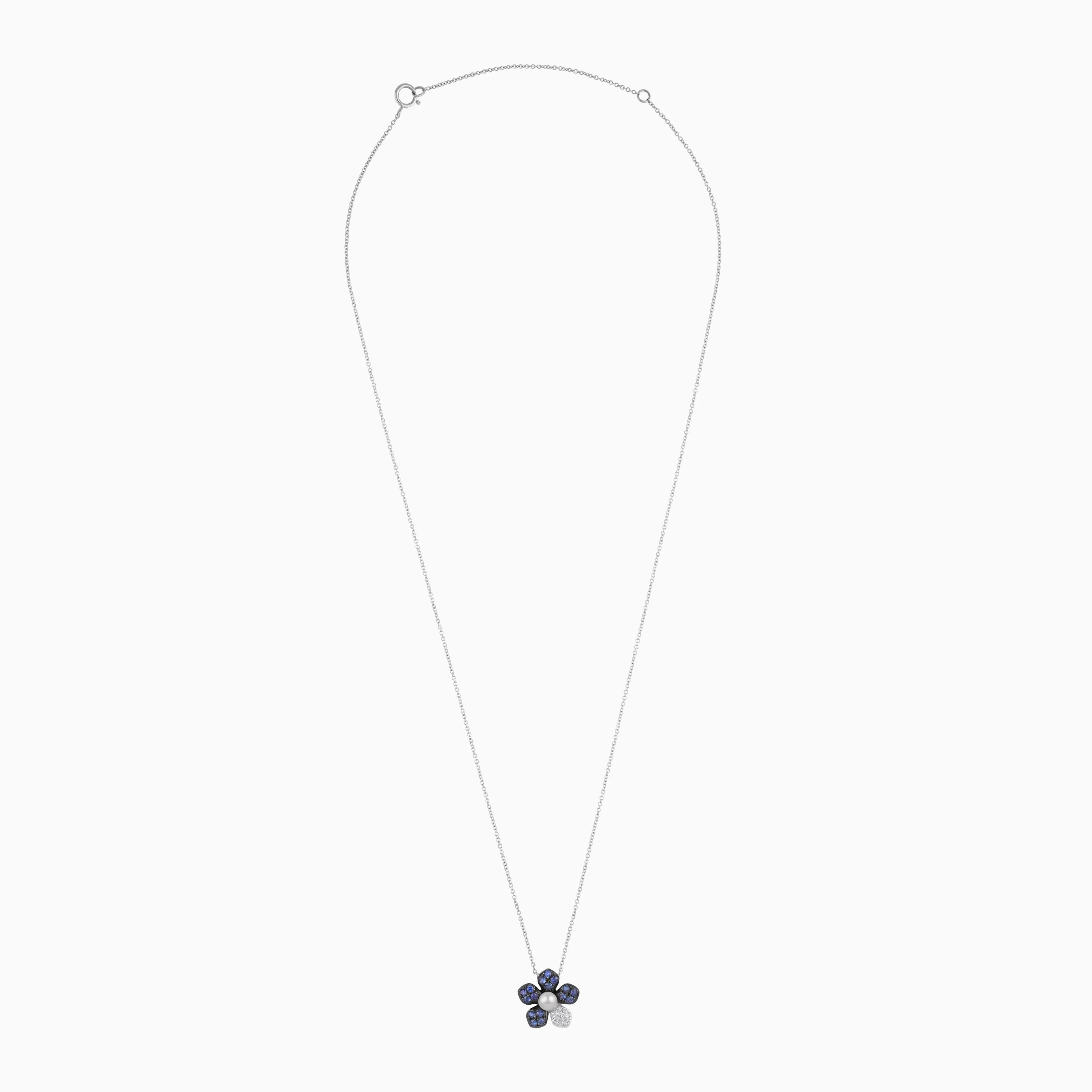 18k white gold chain with a flower shape pendant decorated with natural diamond, sapphire stones and single pearl in the center - Image 2