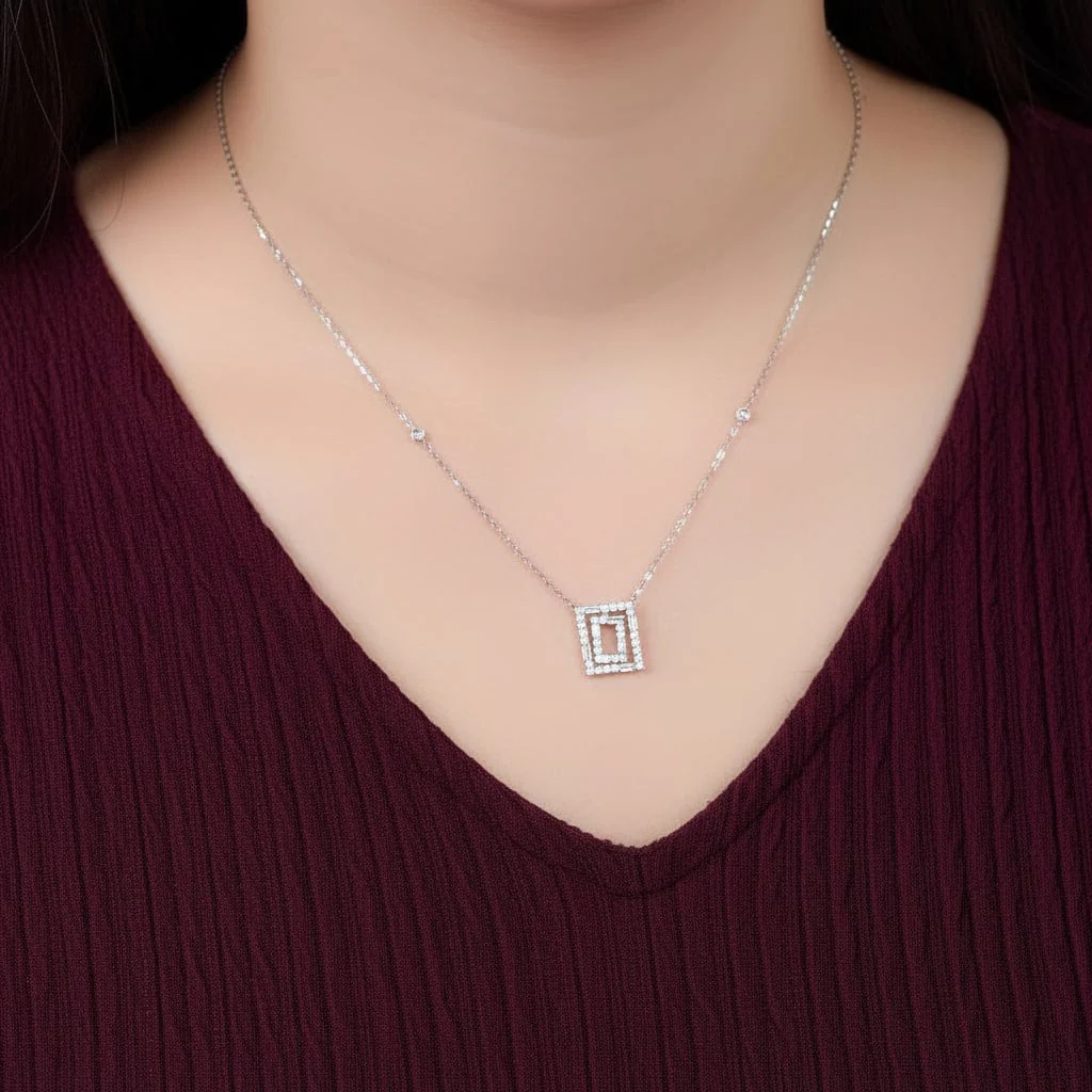 18K White Gold Necklace in rectangular shape decorated with round and baguette natural Diamonds - Trendy Collection - Image 2