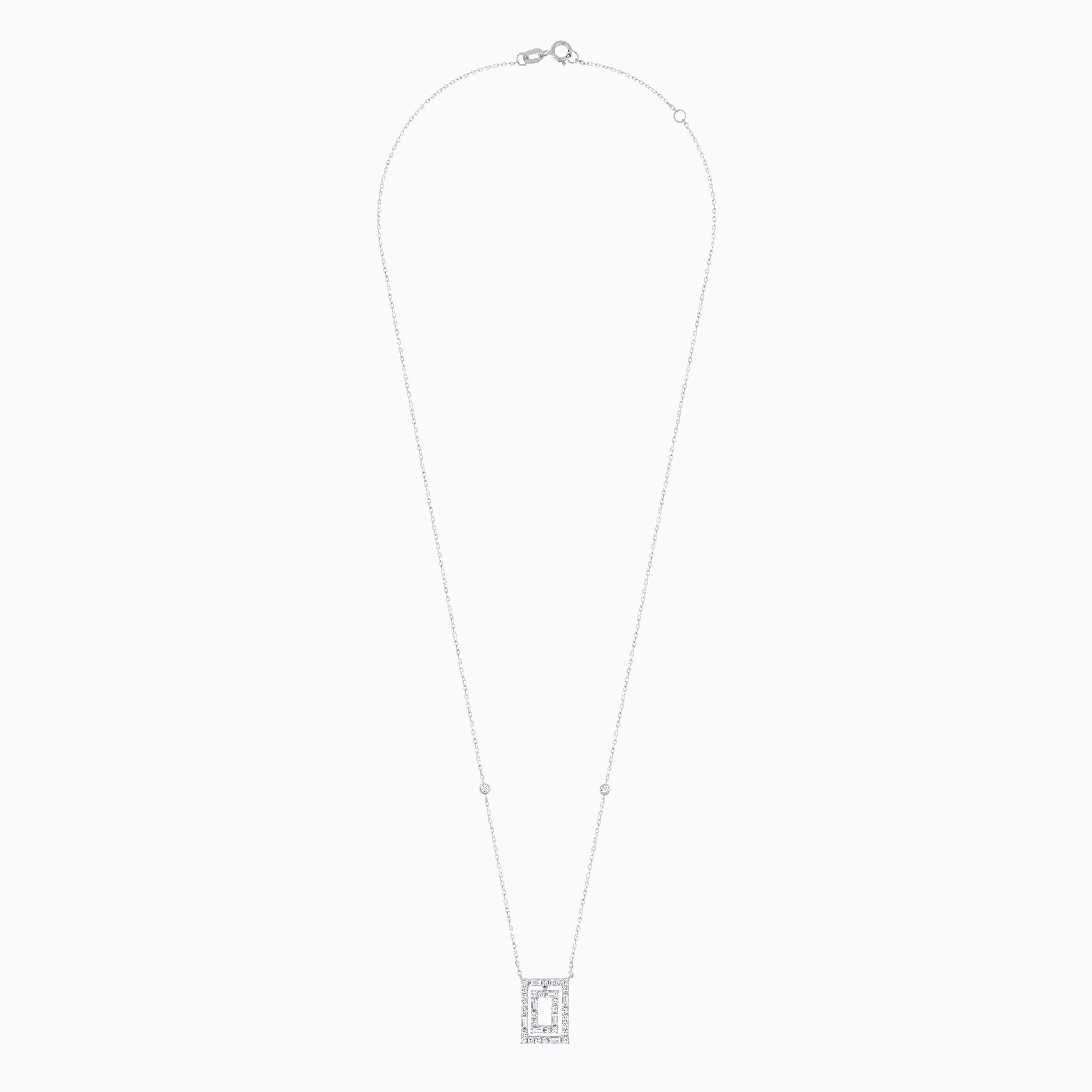 18K White Gold Necklace in rectangular shape decorated with round and baguette natural Diamonds - Trendy Collection - Image 3