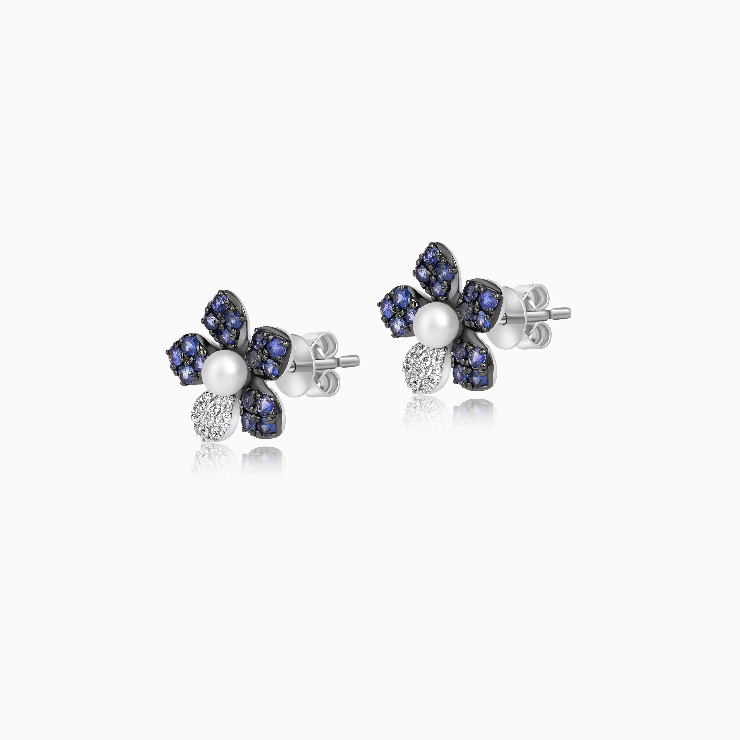 18K White Gold Flower Stud Earrings with Natural Sapphire, Diamond and Pearl - Danah Diamond Collection - Image 2