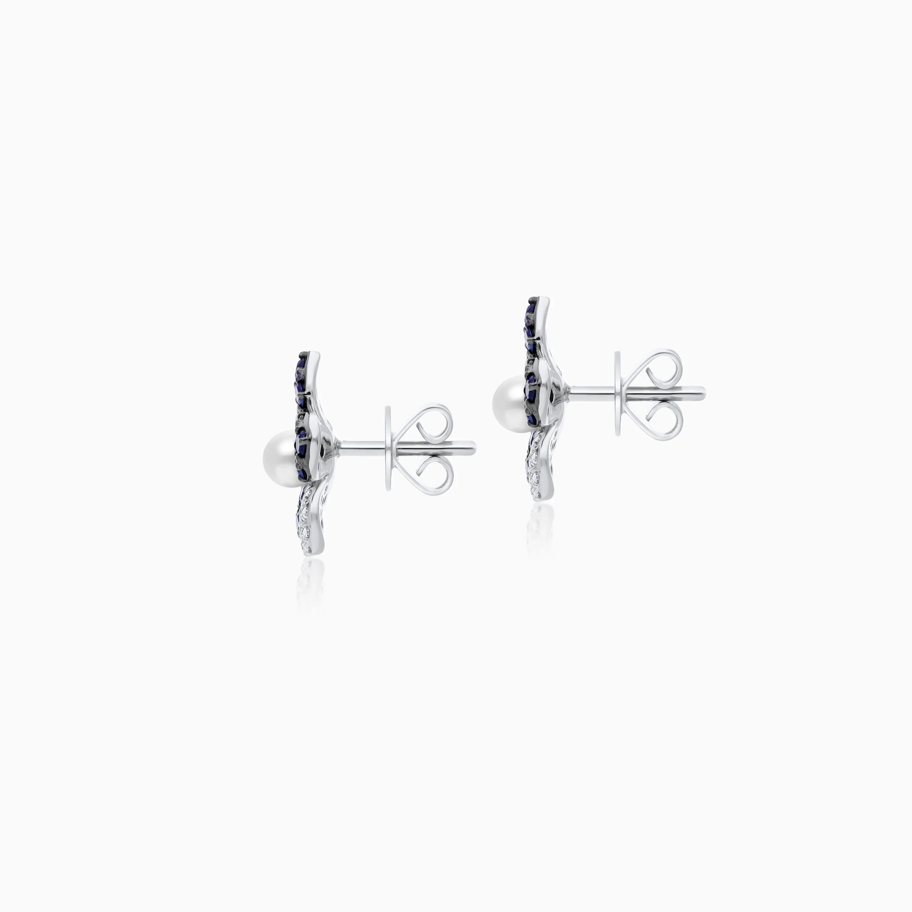 18K White Gold Flower Stud Earrings with Natural Sapphire, Diamond and Pearl - Danah Diamond Collection - Image 3