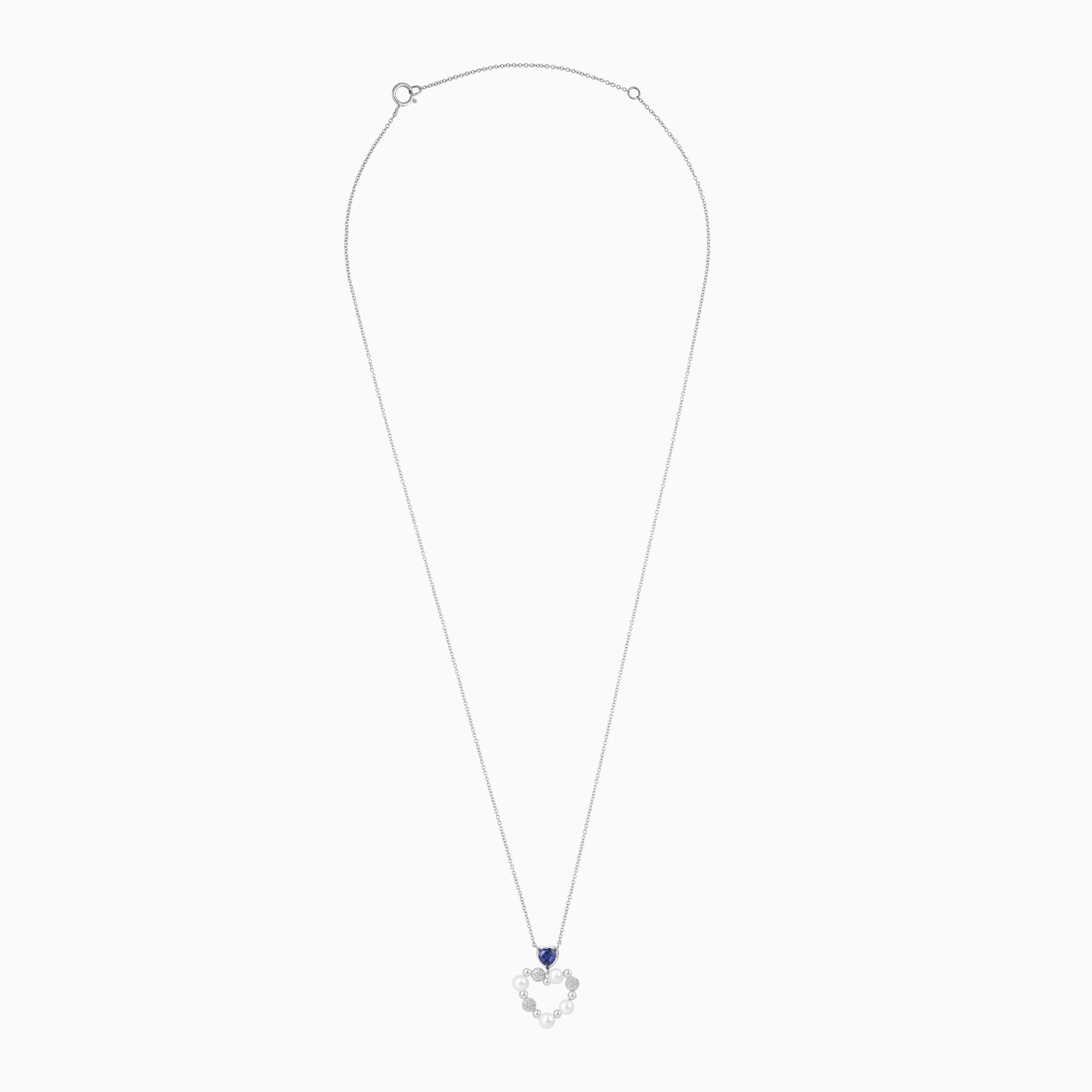 18K White Gold Heart-Shaped Pendant with Chain, Natural Diamond, Pearl and Natural Blue Sapphire - Danah Diamond Collection - Image 2