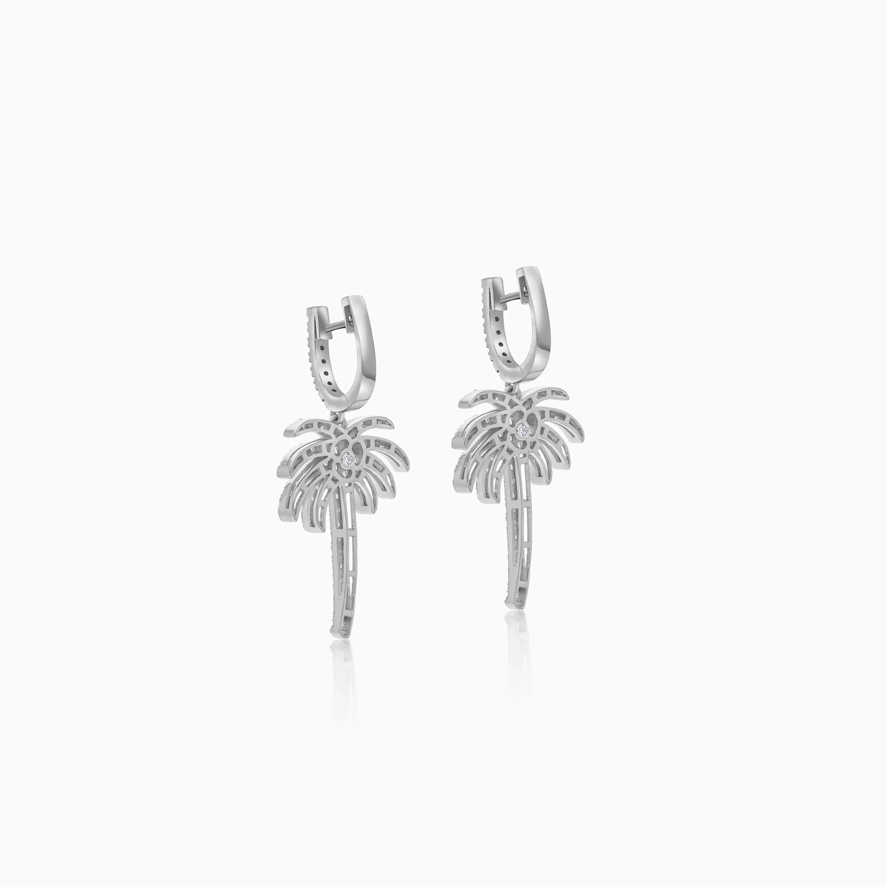 18K White Gold Hoop Earrings with Dangling Palm Tree-Shaped Design Decorated with Natural Diamonds | Al Nakhla Collection - Image 3