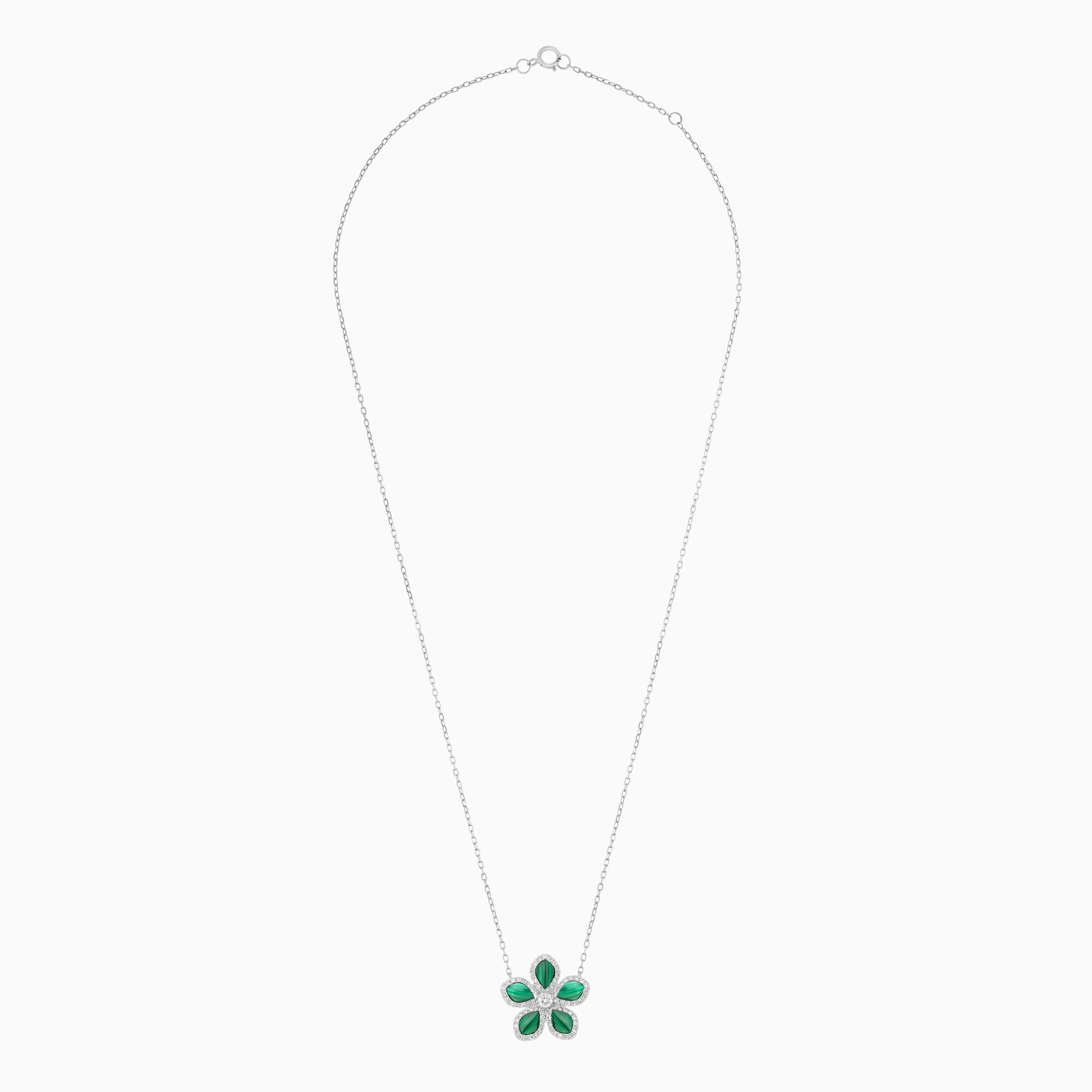 18K White Gold Flower Necklace with Diamonds and Malachite – Mosaic Collection - Image 3