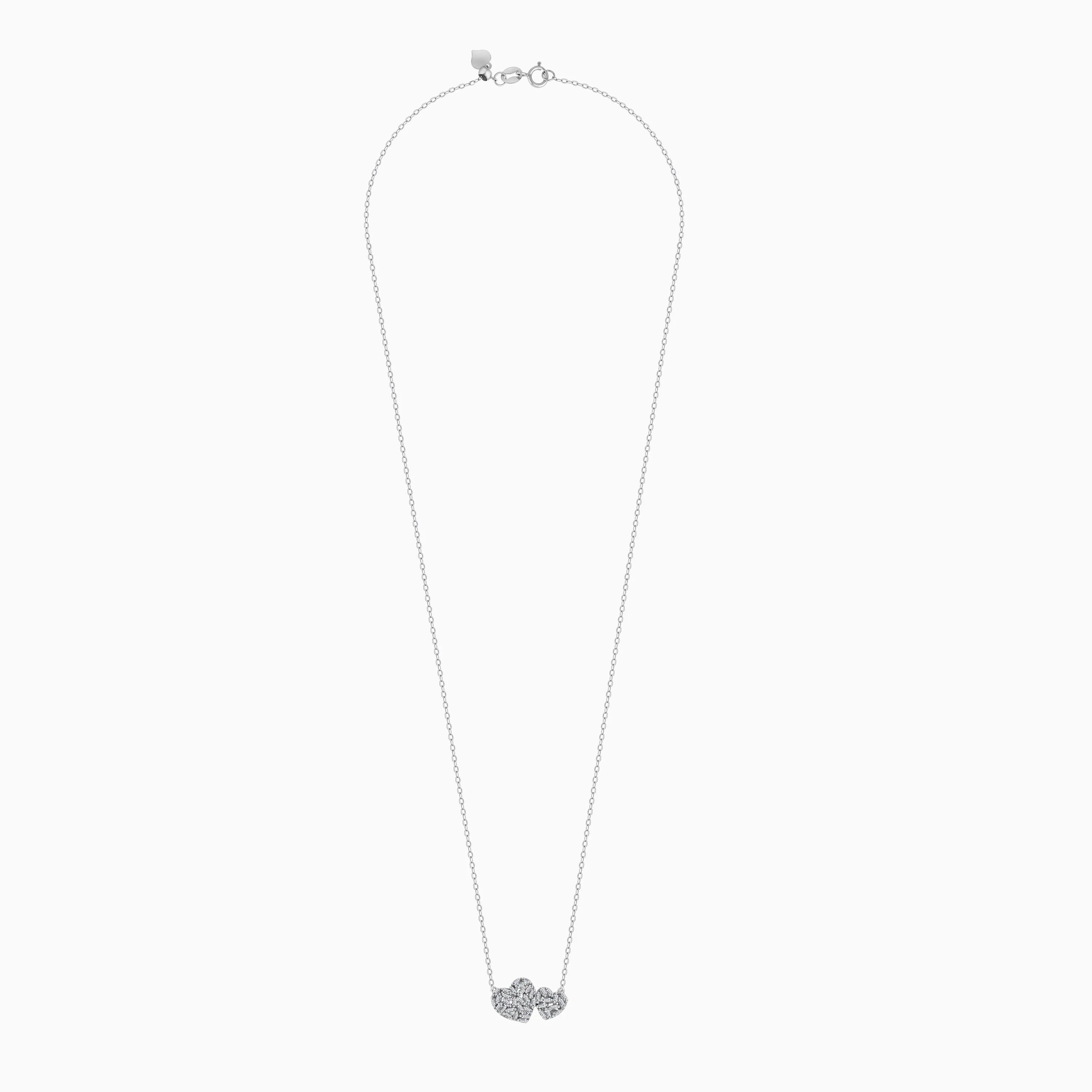 18K WHITE GOLD NECKLACE WITH 2 HEART DECORATED WITH NATURAL DIAMOND TAPERED BAGUETTE SHAPE - Image 3
