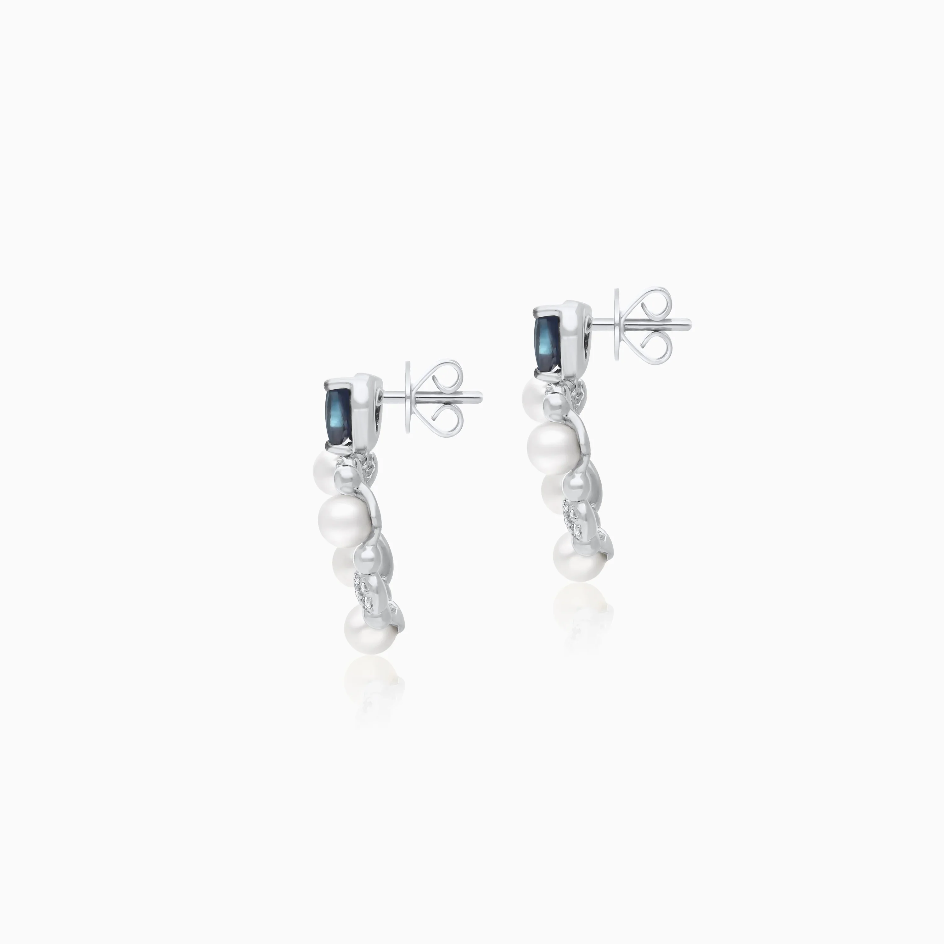18k White Gold Pearl & Natural Diamond Open Heart Earrings with Blue Sapphire - Danah Diamond Collection - Image 2