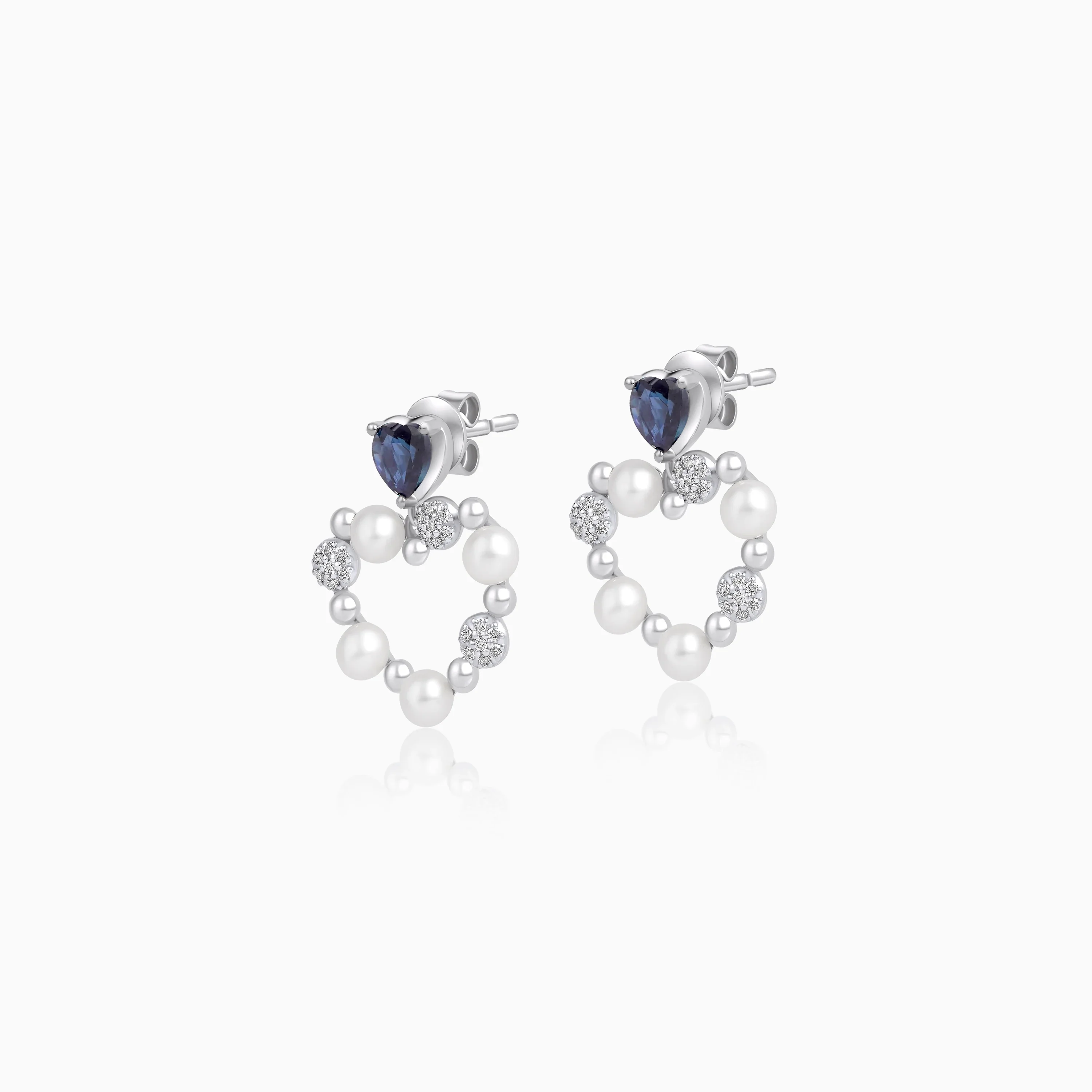 18k White Gold Pearl & Natural Diamond Open Heart Earrings with Blue Sapphire - Danah Diamond Collection - Image 3