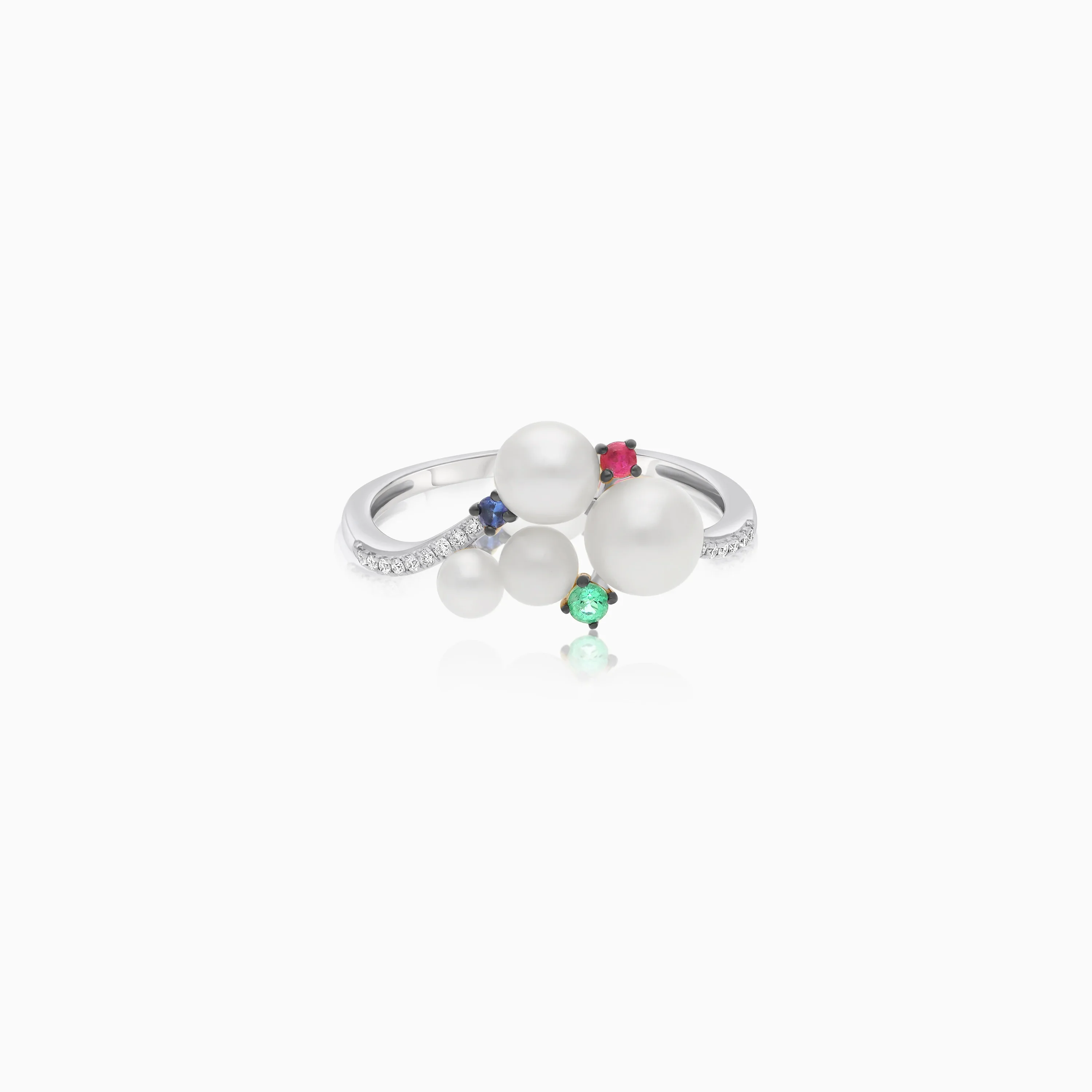 18k White Gold Pearl, Natural Diamond & Multi-Gemstone Cluster Half Eternity Ring - Danah Diamond Collection - Image 2
