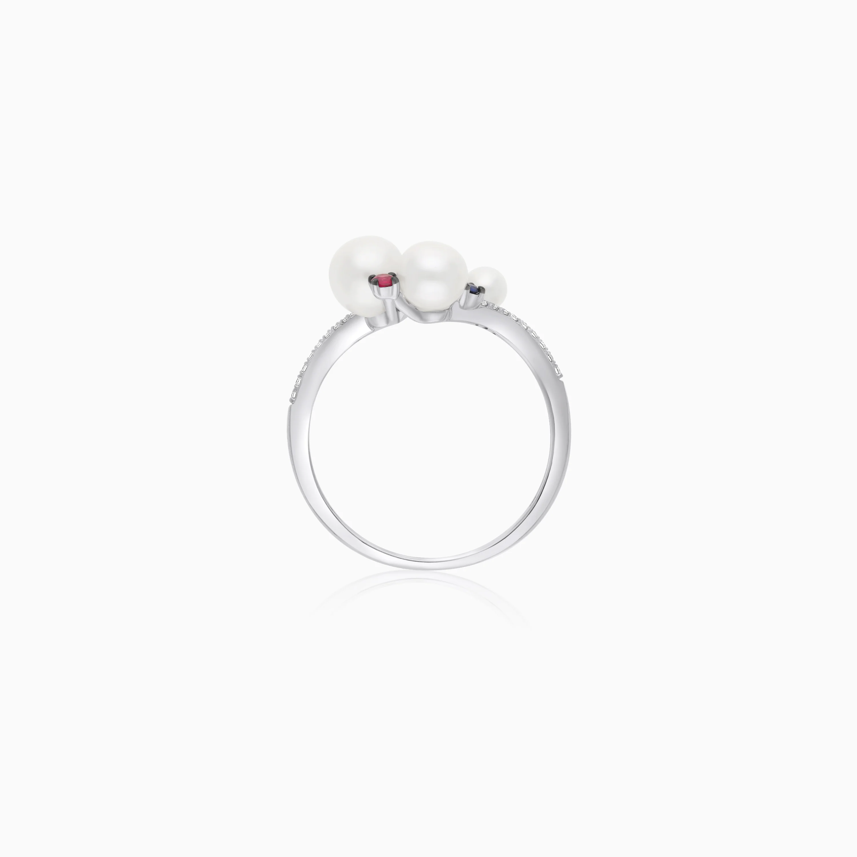 18k White Gold Pearl, Natural Diamond & Multi-Gemstone Cluster Half Eternity Ring - Danah Diamond Collection - Image 3
