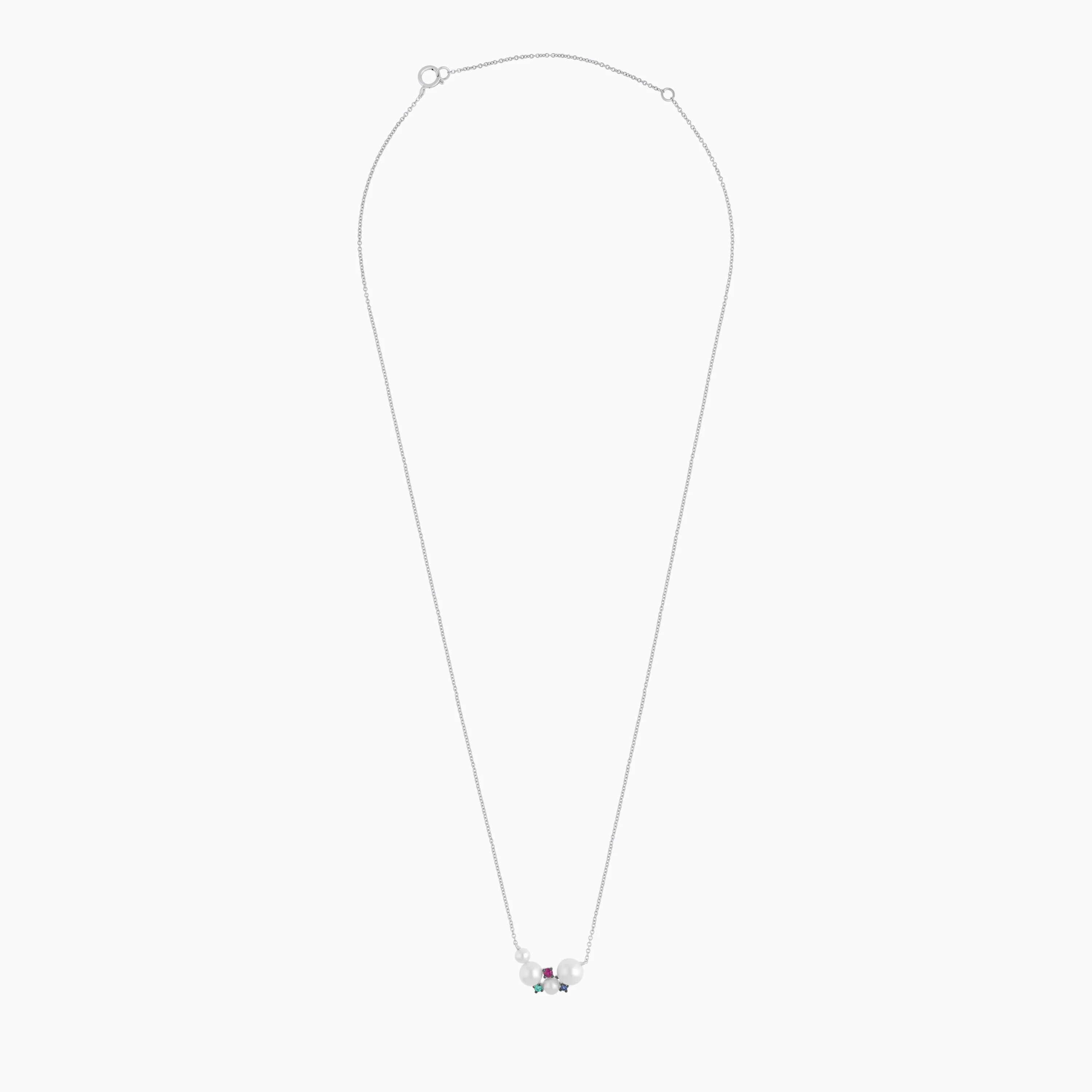 18k White Gold Pearl, Natural Diamond & Multi-Gemstone Cluster Necklace - Danah Diamond Collection - Image 2