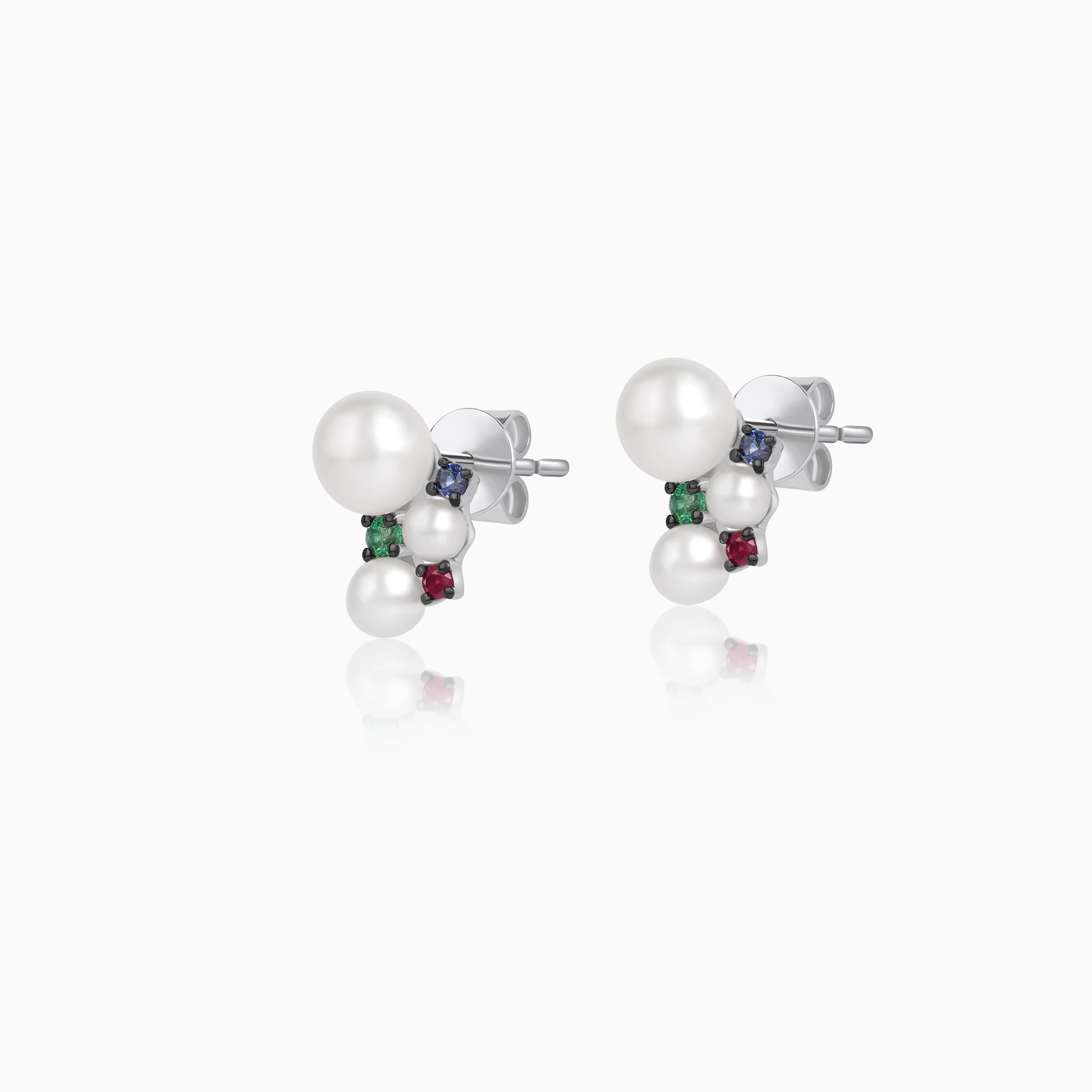 18k White Gold Pearl, Natural Diamond & Multi-Gemstone Stud Earrings - Danah Diamond Collection - Image 2